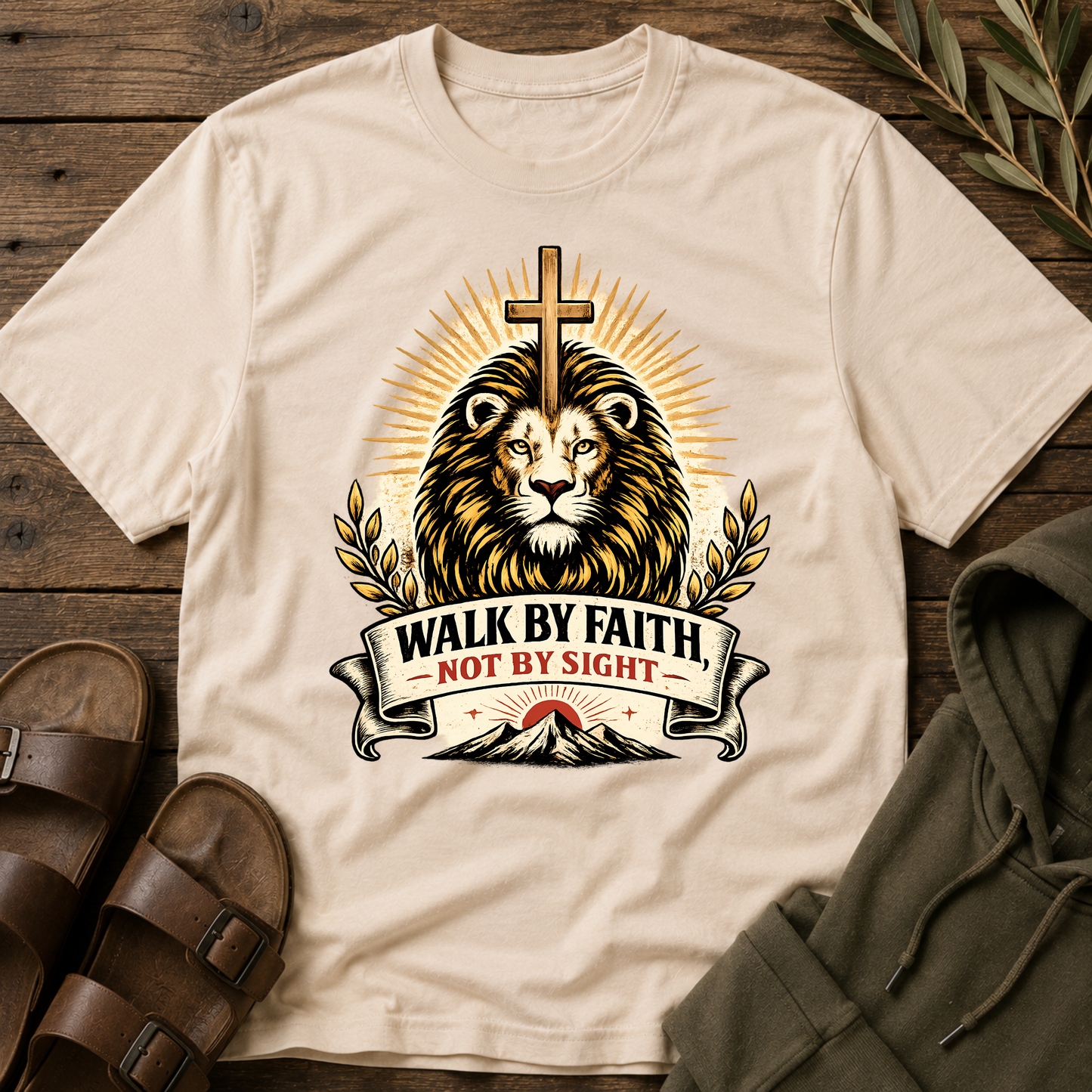 Walk By Faith Not By Sight Christian T-Shirt | Lion of Judah Faith Graphic Tee | 2 Corinthians 5:7 Christian Shirt Breaking Bread Designs