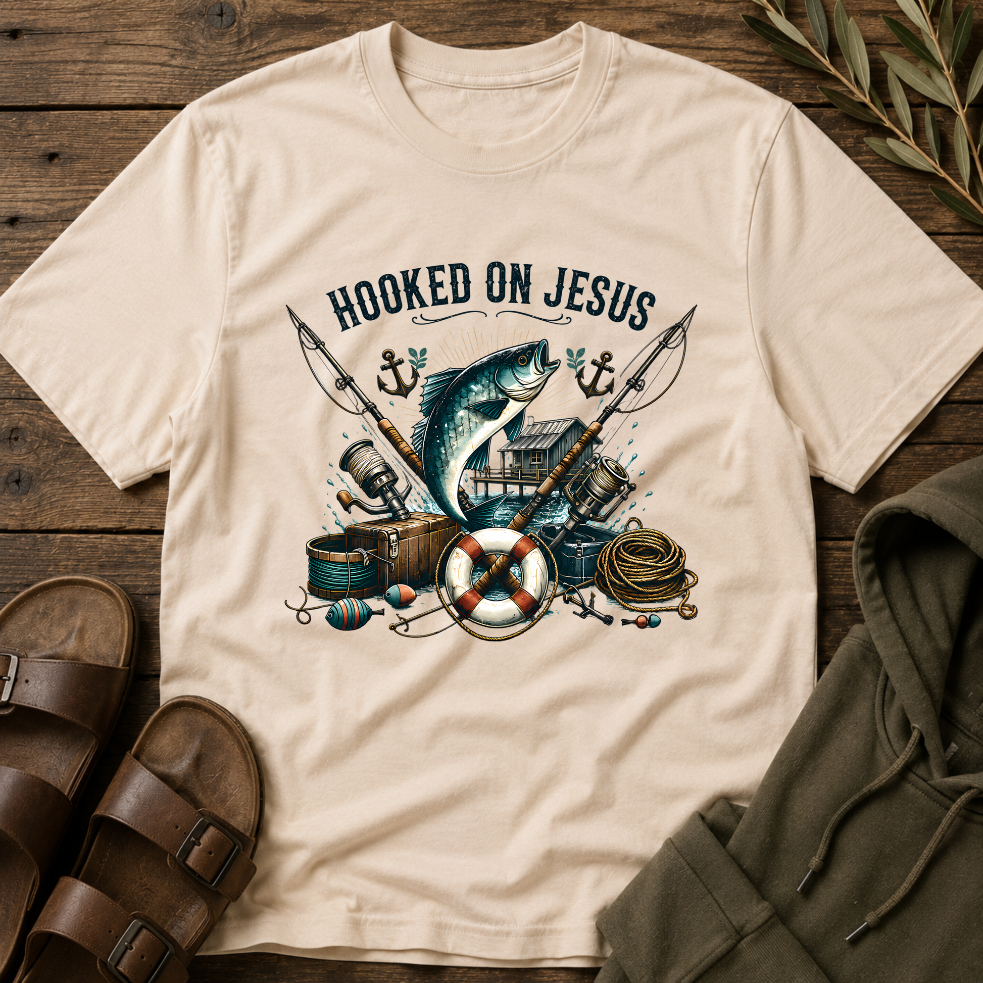Hooked on Jesus Christian Fishing T-Shirt | Faith-Based Fisherman Graphic Tee | Christian Angler Gift Breaking Bread Designs
