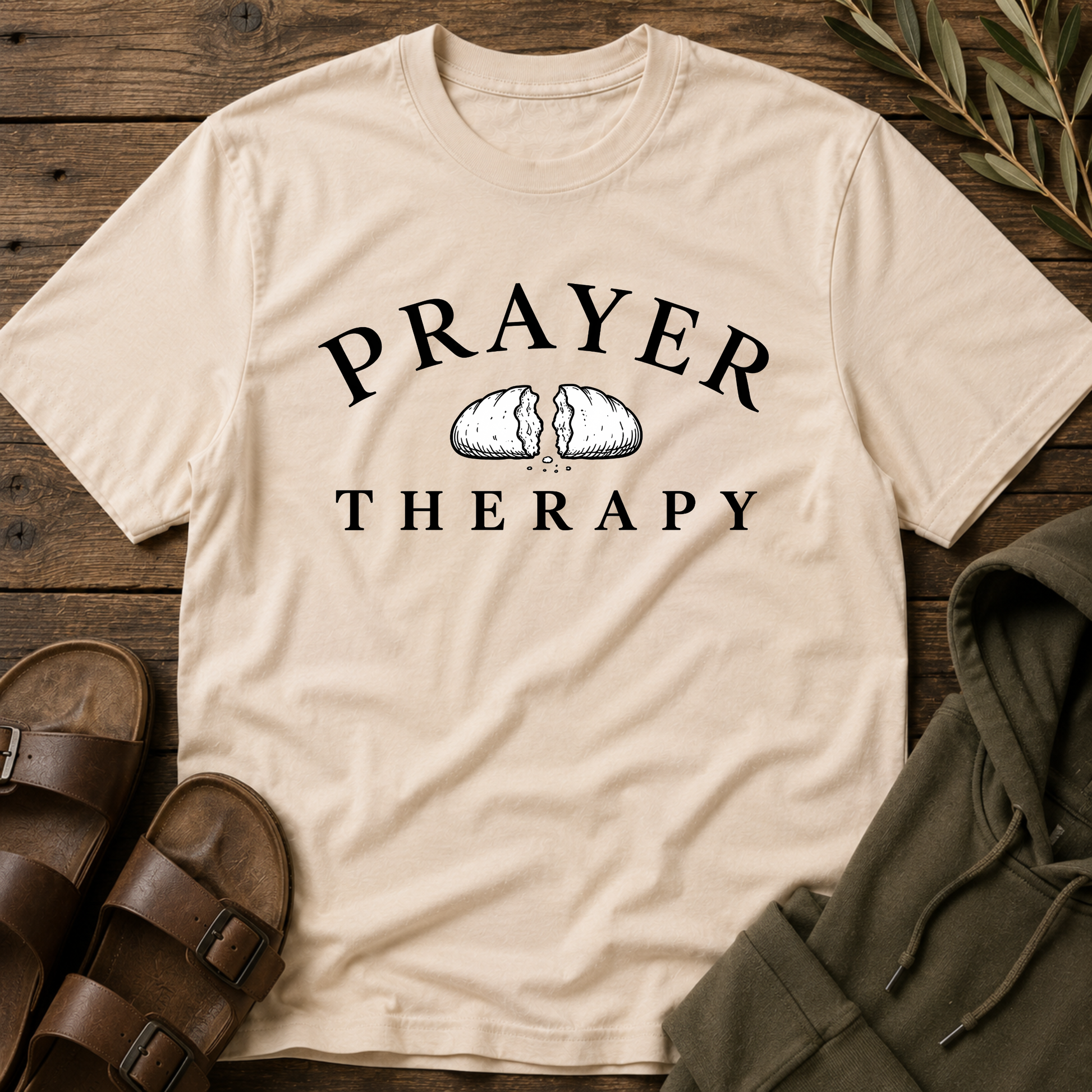 Prayer Therapy Christian T-Shirt | Faith-Based Prayer Graphic Tee | Inspirational Christian Apparel Breaking Bread Designs