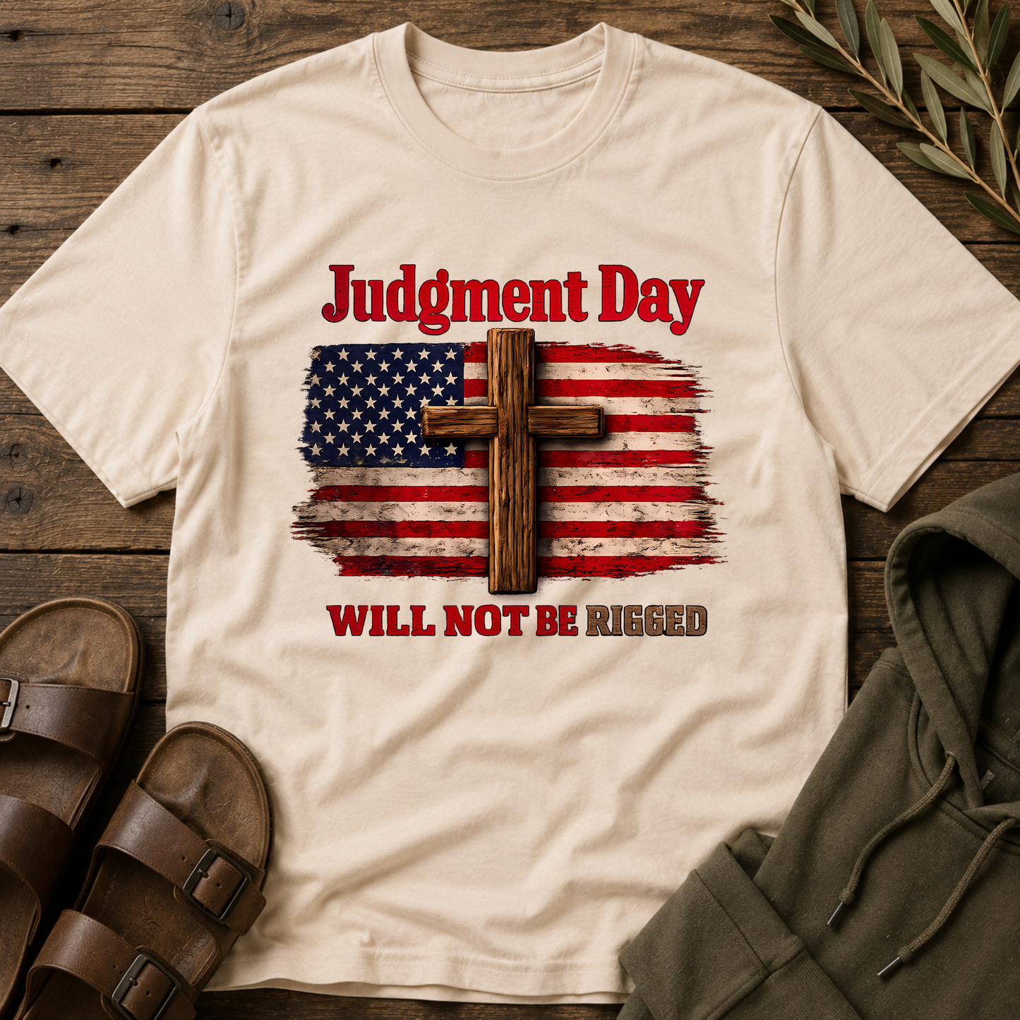 Judgment Day Will Not Be Rigged T-Shirt | Christian Patriotic Cross USA Flag Faith Graphic Tee Breaking Bread Designs