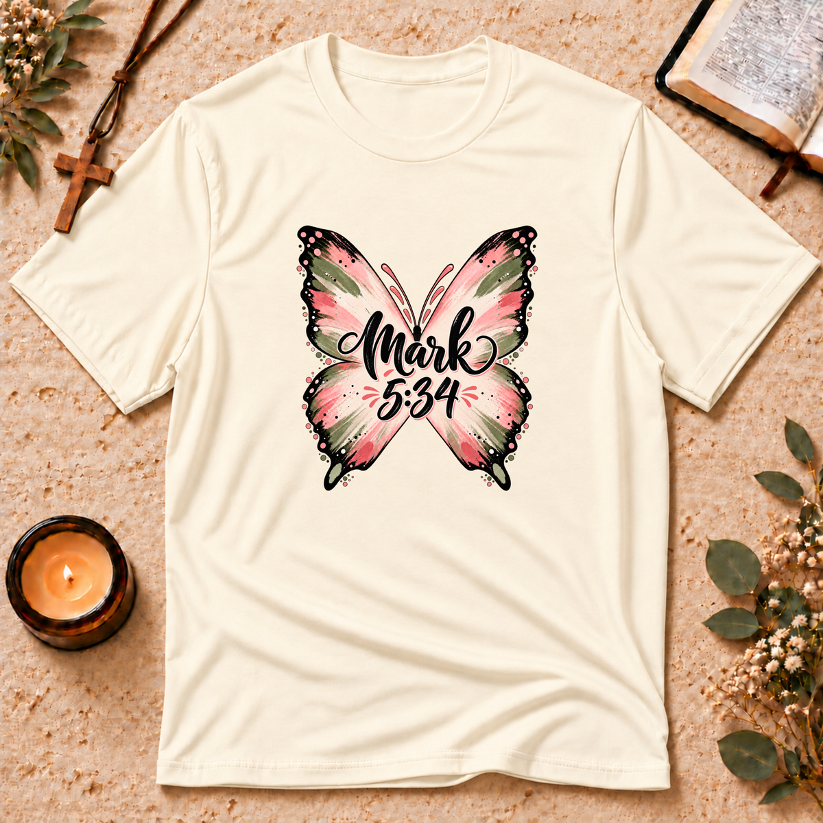 Mark 5:34 Christian Butterfly Healing T-Shirt Breaking Bread Designs