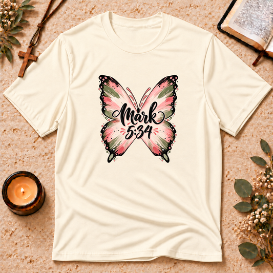 Mark 5:34 Christian Butterfly Healing T-Shirt Breaking Bread Designs