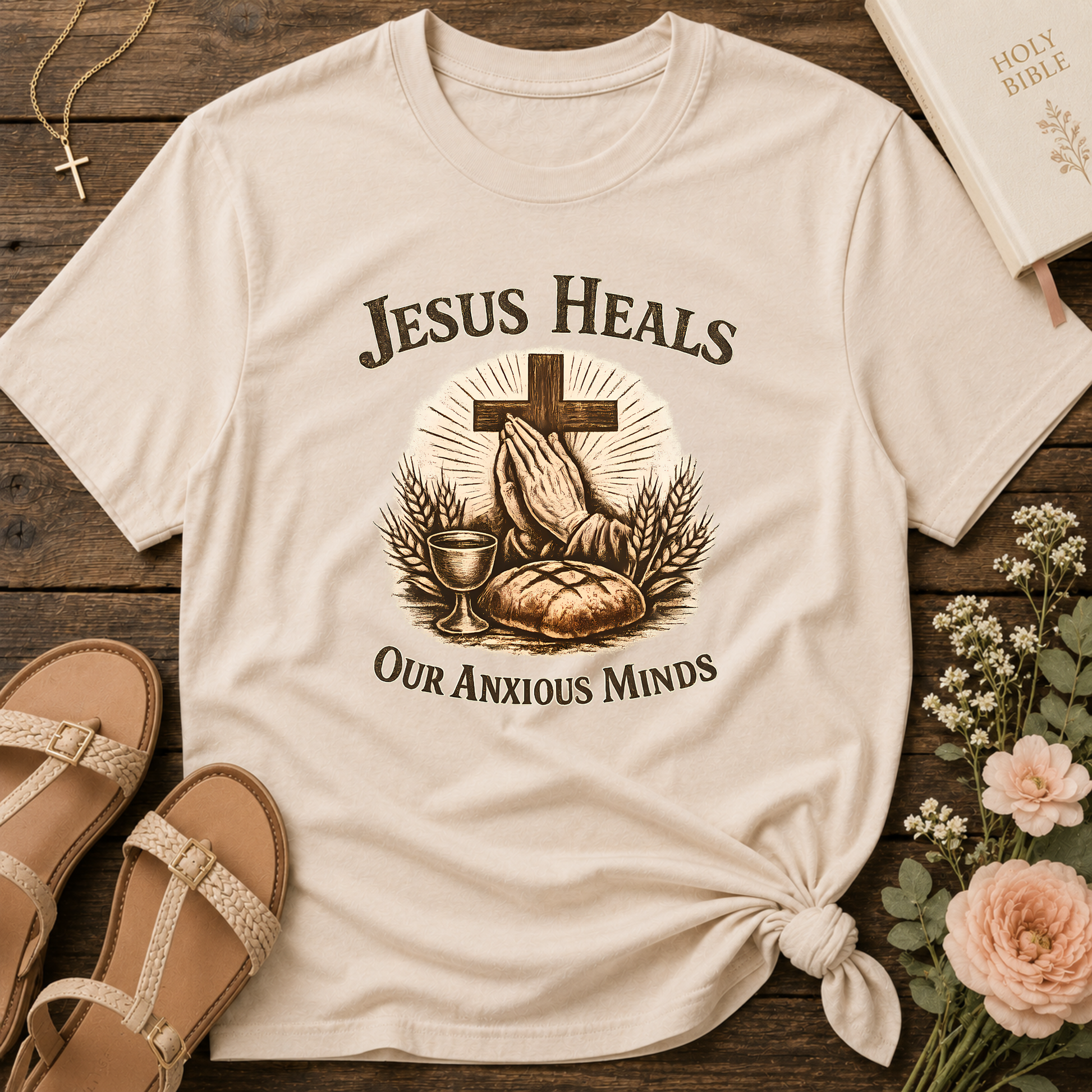 Jesus Heals Our Anxious Minds Christian T-Shirt | Mental Health Faith Graphic Tee | Inspirational Prayer Christian Shirt Breaking Bread Designs