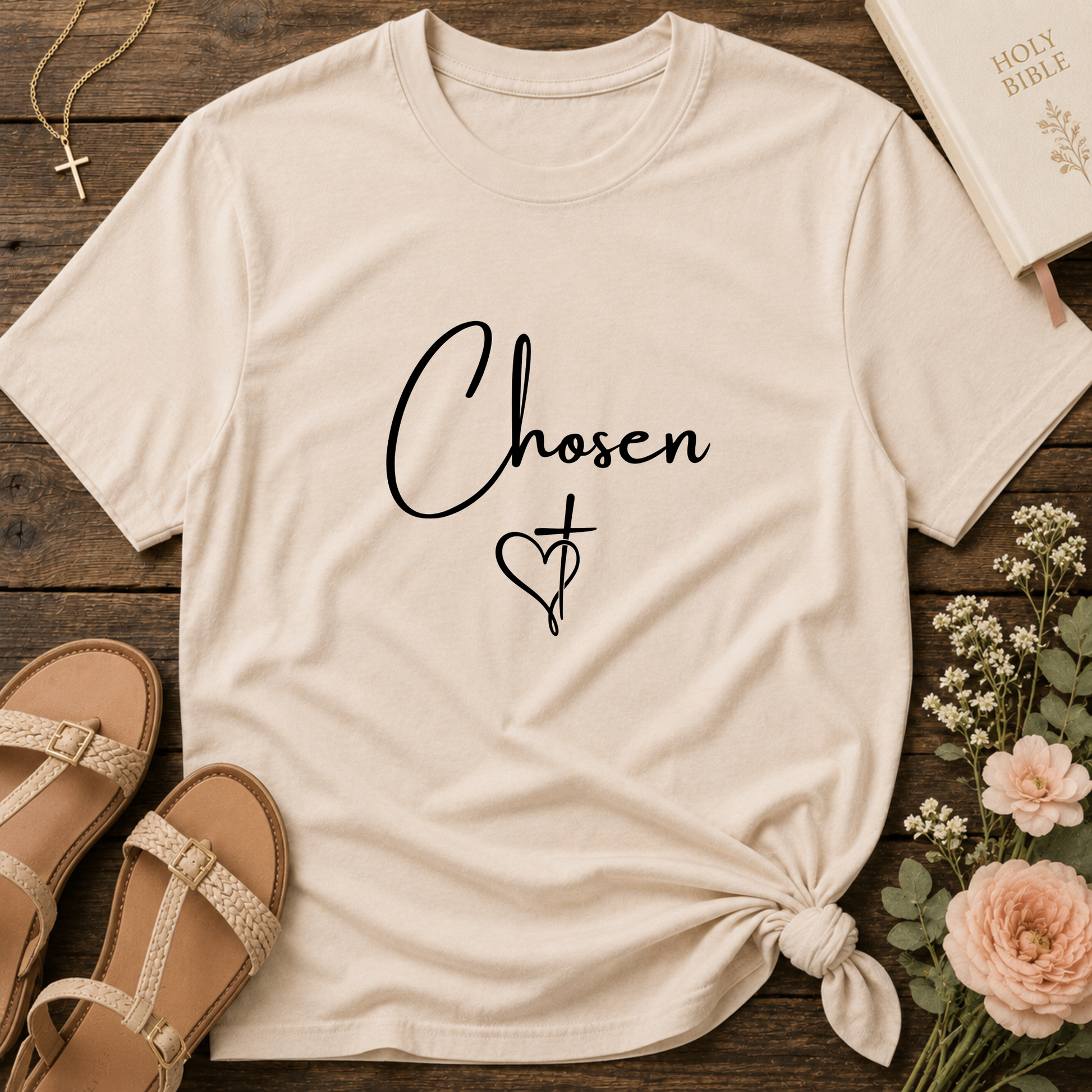 Chosen Christian T-Shirt | Minimalist Faith Script Graphic Tee | Cross Heart Jesus Christian Shirt Breaking Bread Designs