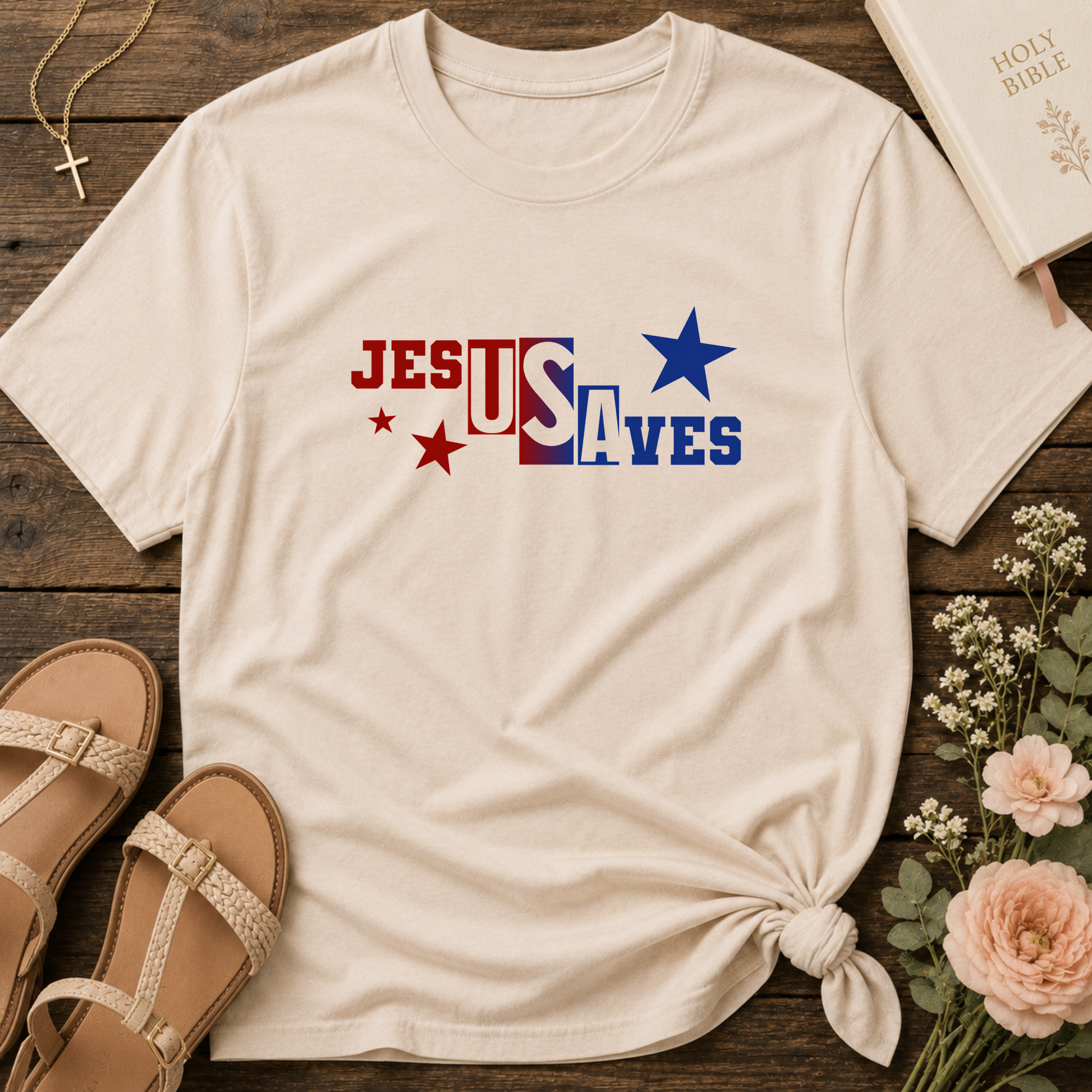 Jesus Saves Christian T-Shirt | Bold Patriotic Faith Graphic Tee | Inspirational Christian Apparel Breaking Bread Designs