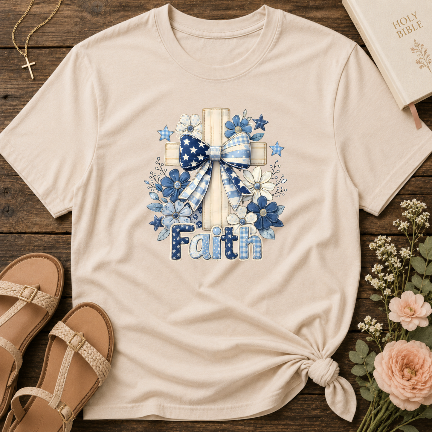 Faith Christian T-Shirt | Cute Embroidered Look Cross & Floral Graphic Tee | Patriotic Christian Coquette Shirt Breaking Bread Designs