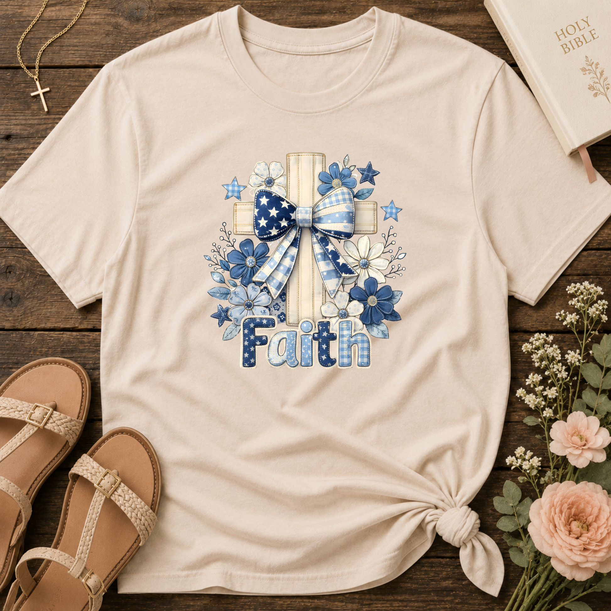 Faith Christian T-Shirt | Cute Embroidered Look Cross & Floral Graphic Tee | Patriotic Christian Coquette Shirt Breaking Bread Designs