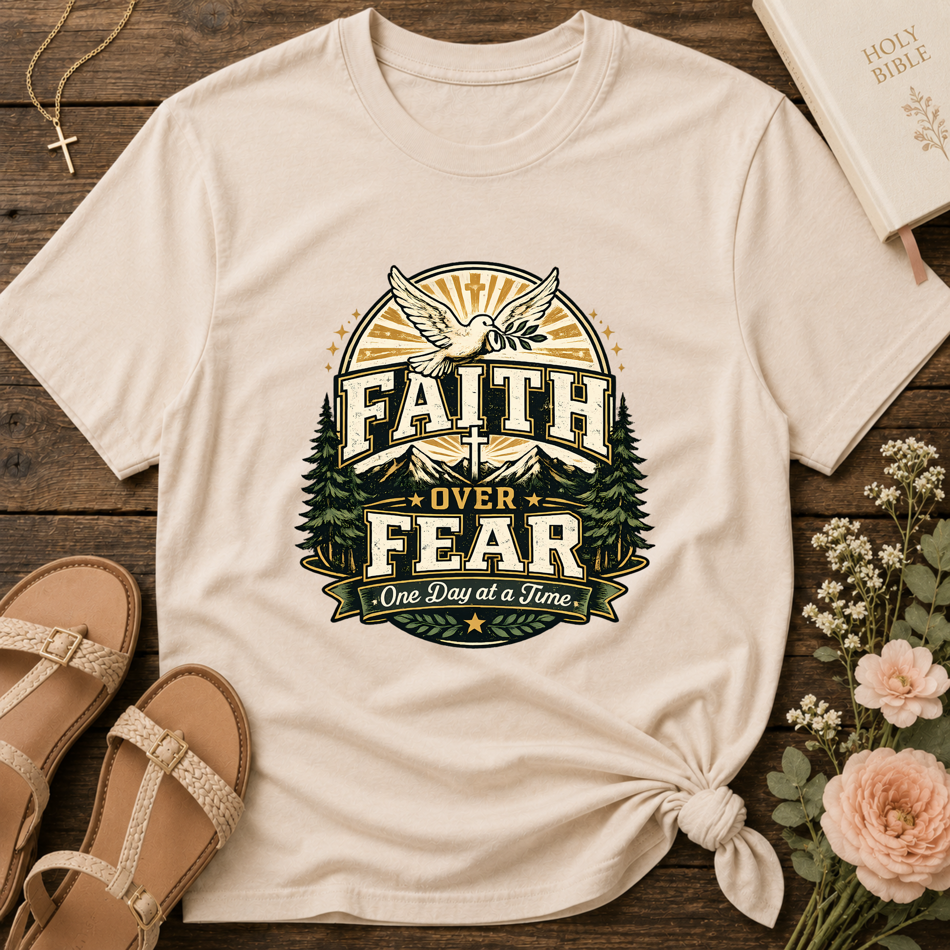 Faith Over Fear Christian T-Shirt | One Day at a Time Inspirational Faith Graphic Tee | Vintage Christian Apparel Breaking Bread Designs