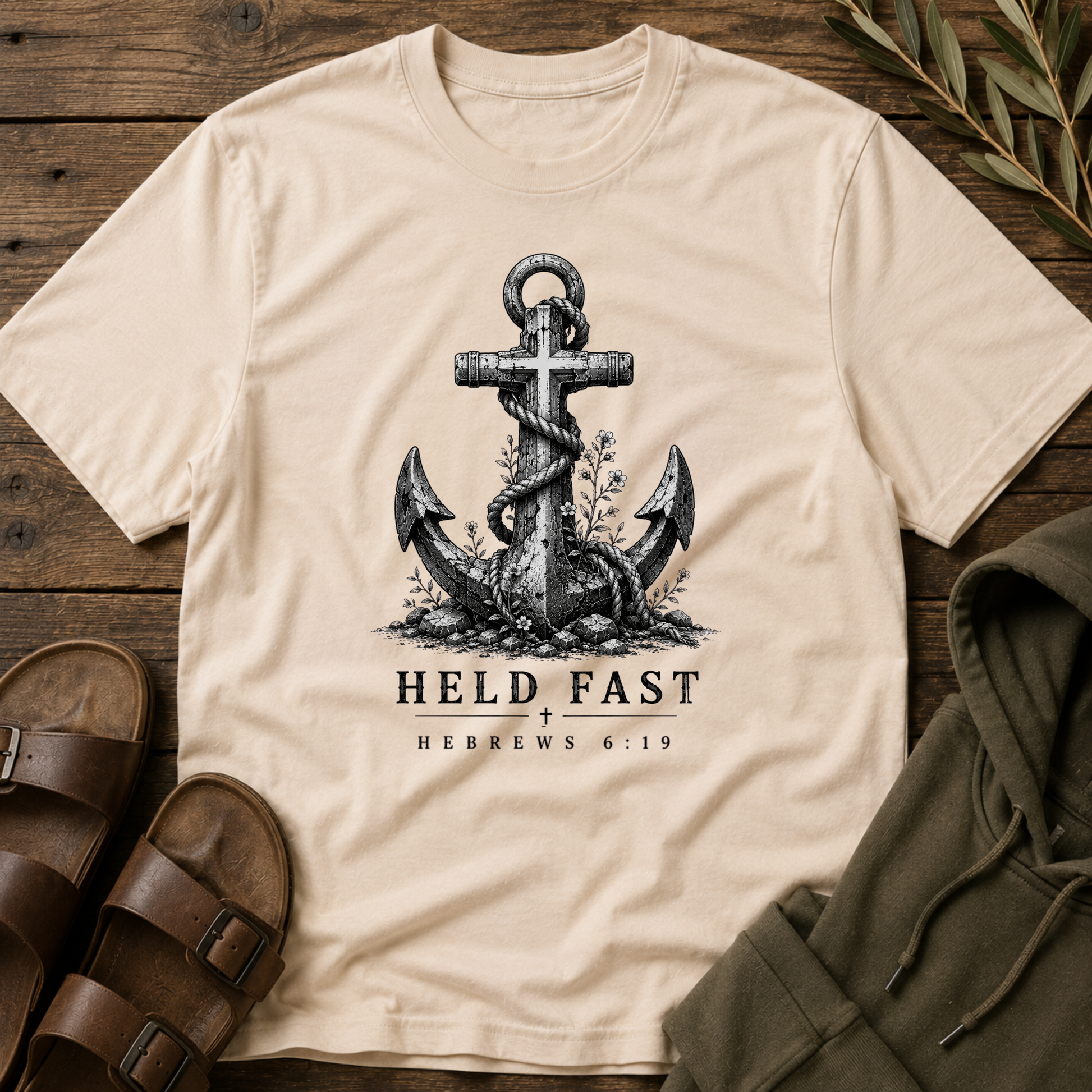Christian Anchor T-Shirt | Held Fast Nautical Vintage Tee | Hebrews 6:19 Breaking Bread Designs