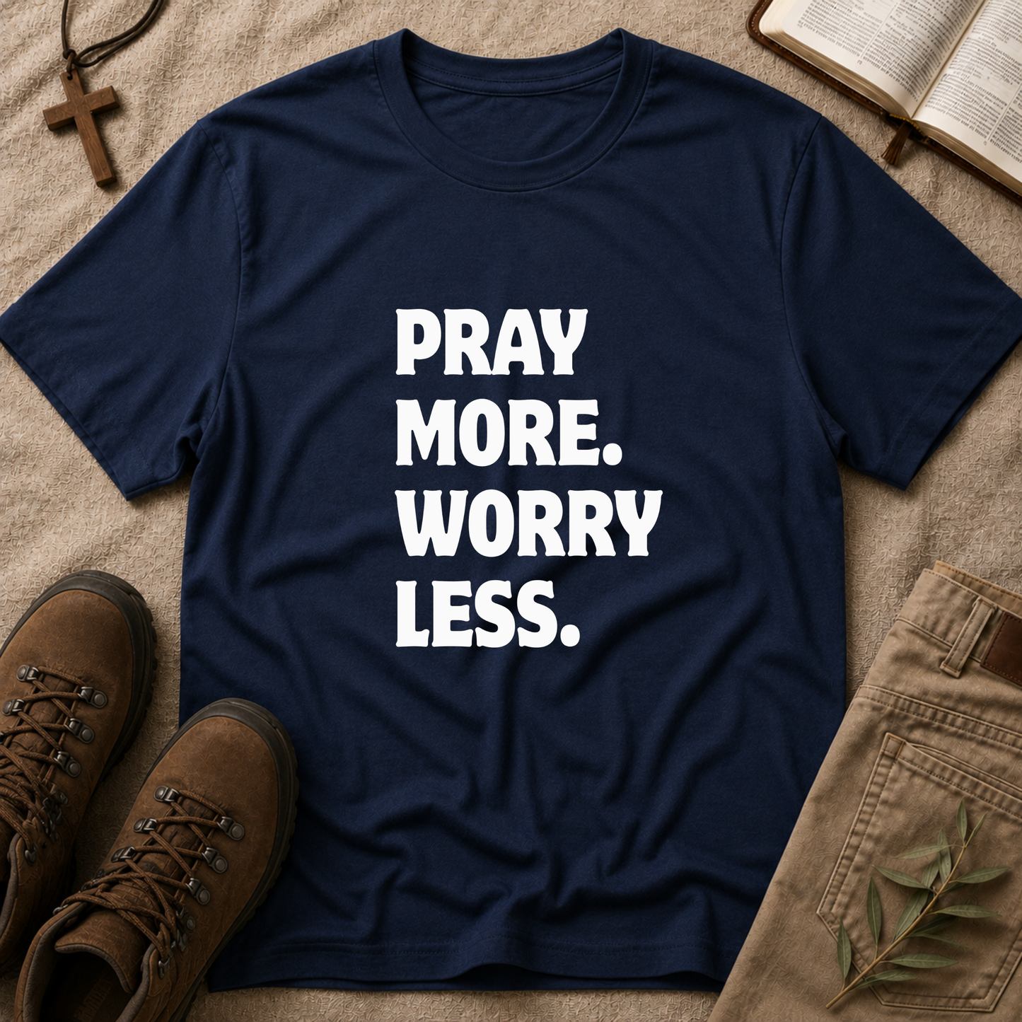 Pray More Worry Less Christian T-Shirt | Inspirational Faith Graphic Tee | Trust God Christian Apparel Breaking Bread Designs