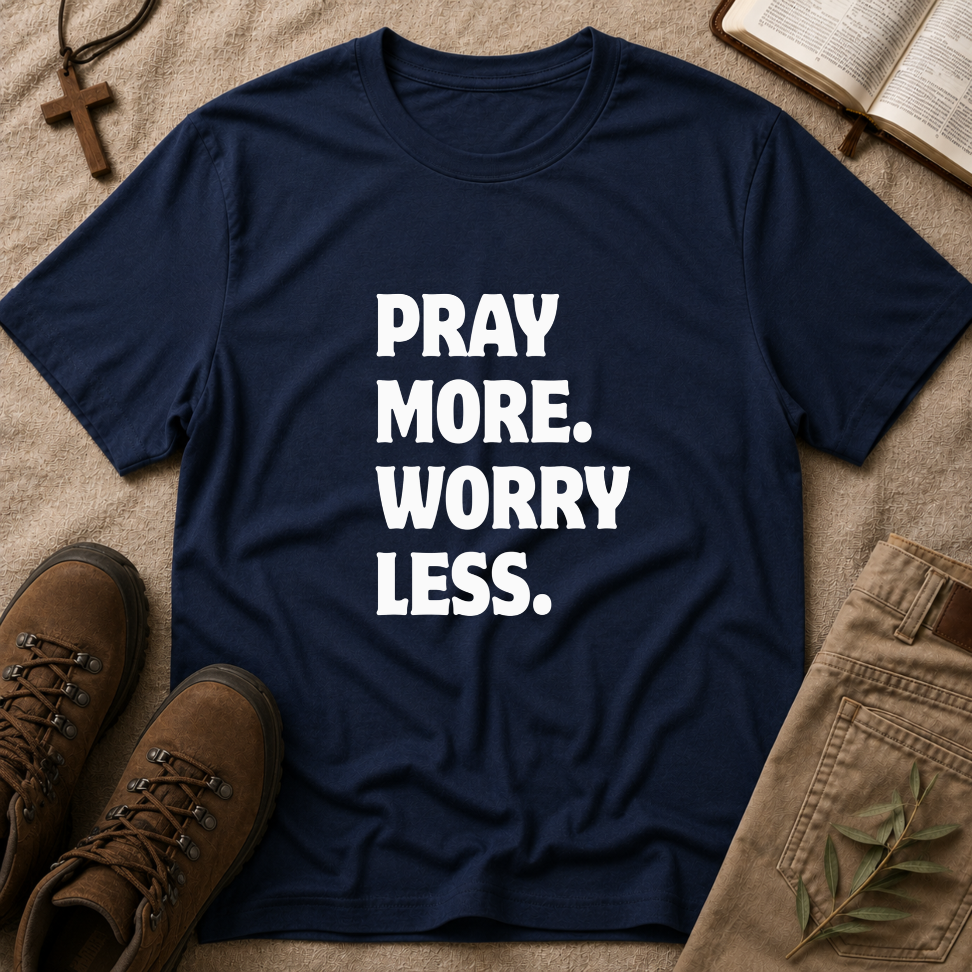 Pray More Worry Less Christian T-Shirt | Inspirational Faith Graphic Tee | Trust God Christian Apparel Breaking Bread Designs