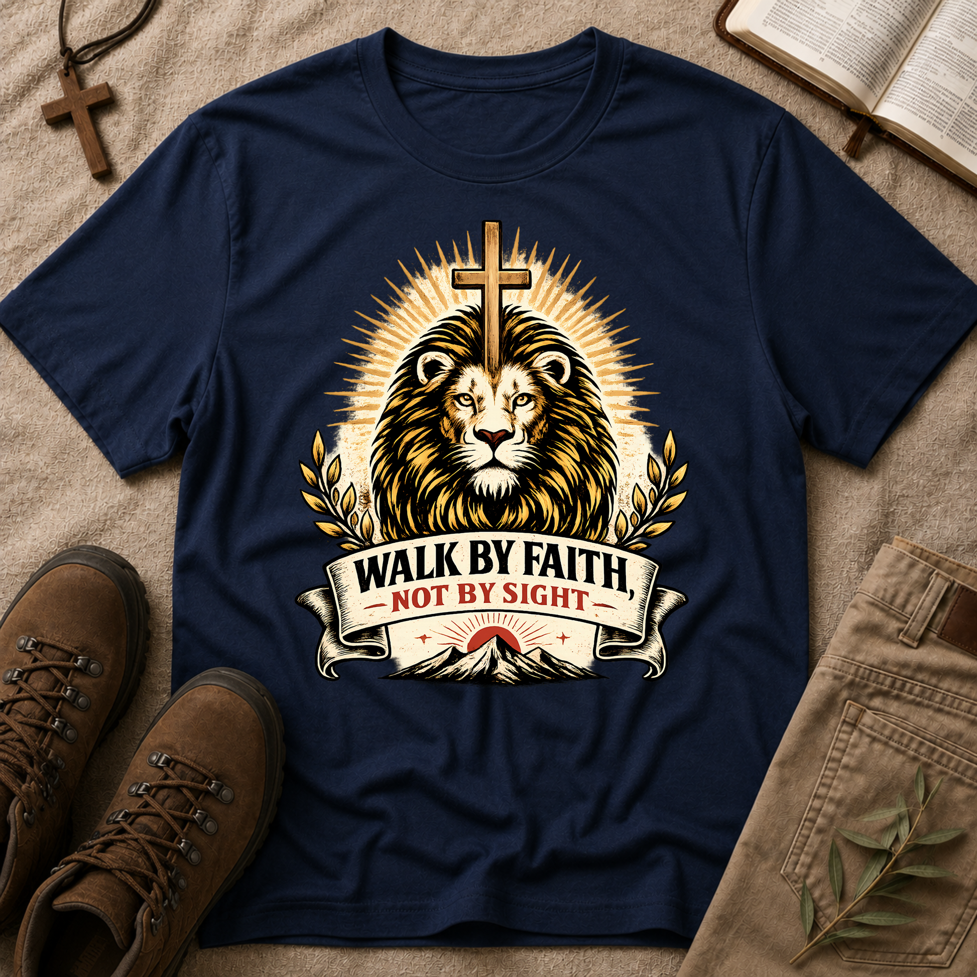 Walk By Faith Not By Sight Christian T-Shirt | Lion of Judah Faith Graphic Tee | 2 Corinthians 5:7 Christian Shirt Breaking Bread Designs