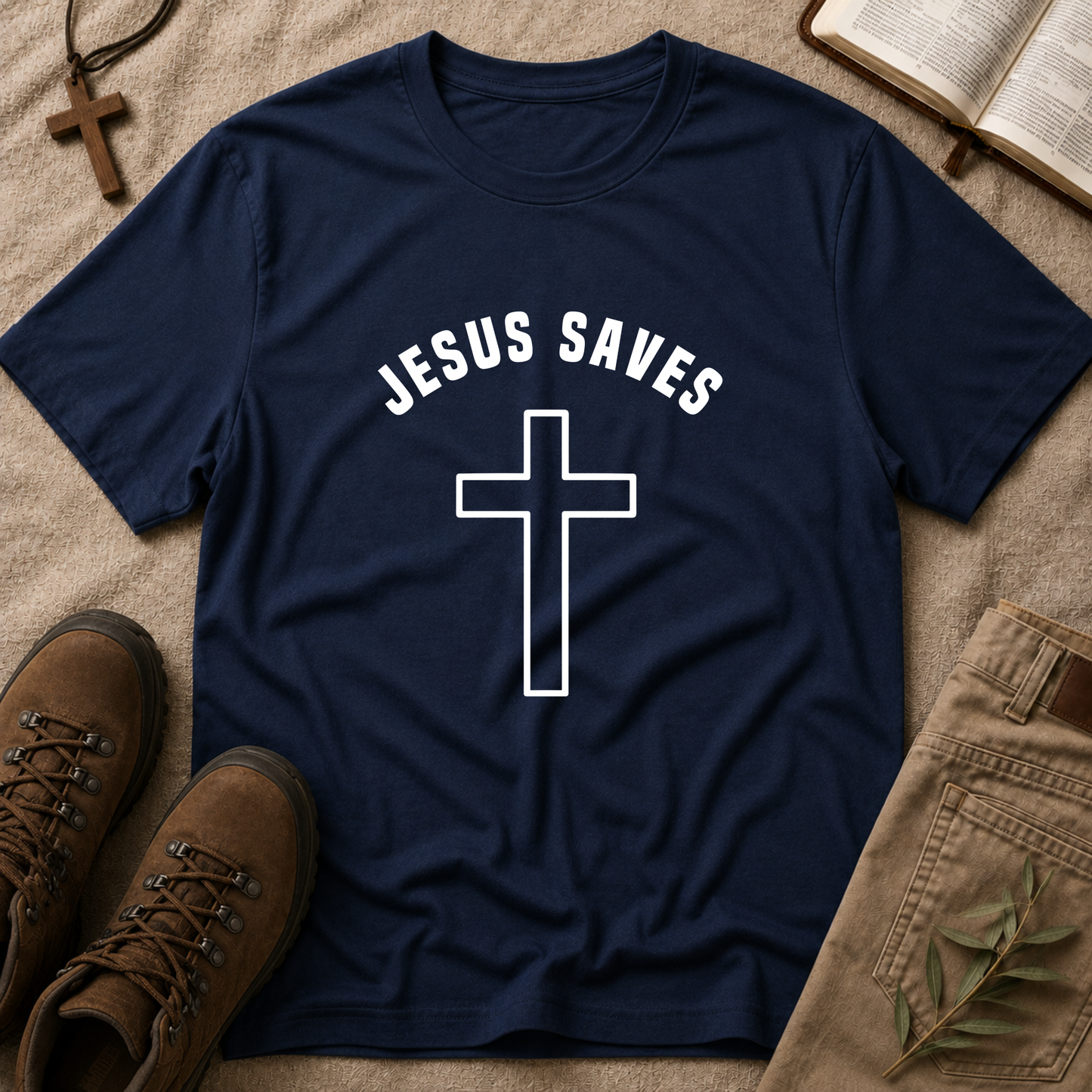 Jesus Saves Christian T-Shirt | Minimalist Cross Faith Graphic Tee | Inspirational Christian Apparel Breaking Bread Designs