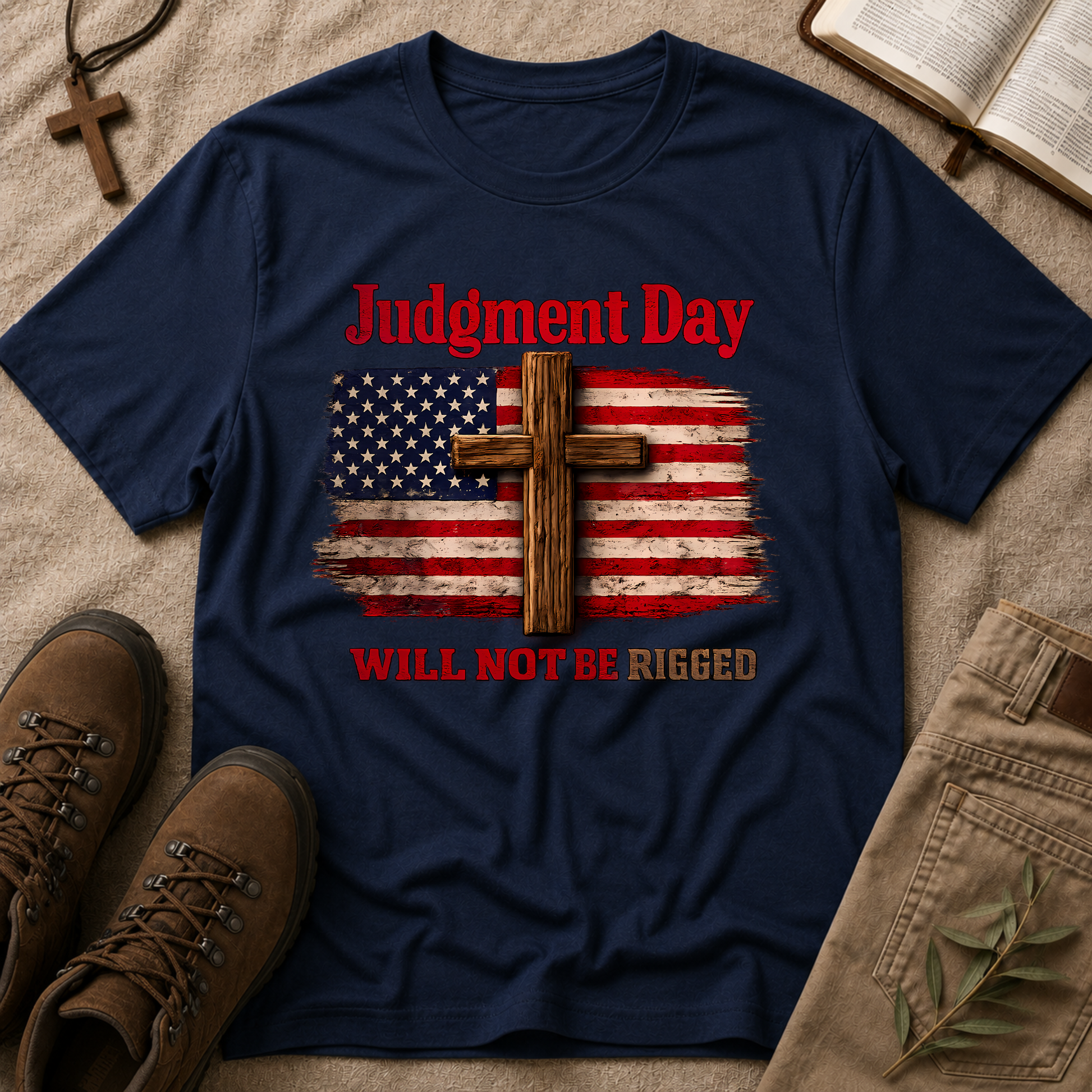 Judgment Day Will Not Be Rigged T-Shirt | Christian Patriotic Cross USA Flag Faith Graphic Tee Breaking Bread Designs