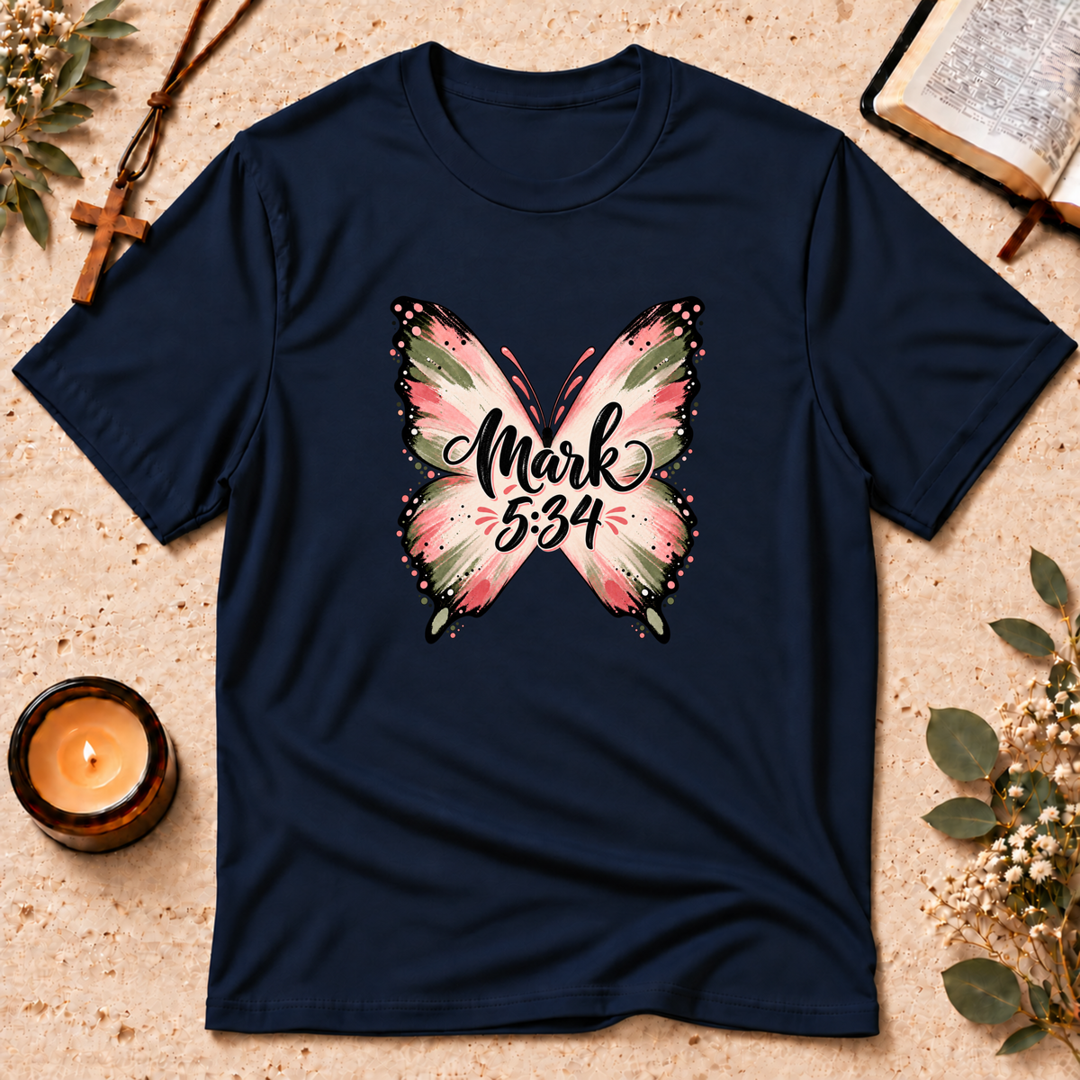 Mark 5:34 Christian Butterfly Healing T-Shirt Breaking Bread Designs