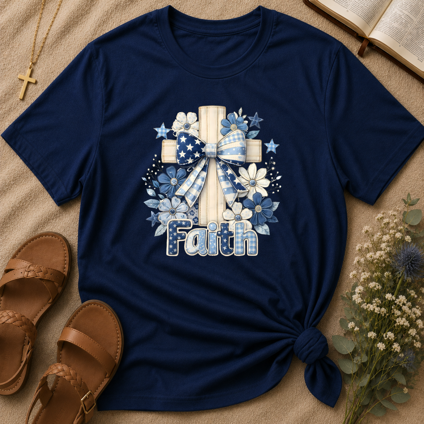 Faith Christian T-Shirt | Cute Embroidered Look Cross & Floral Graphic Tee | Patriotic Christian Coquette Shirt Breaking Bread Designs