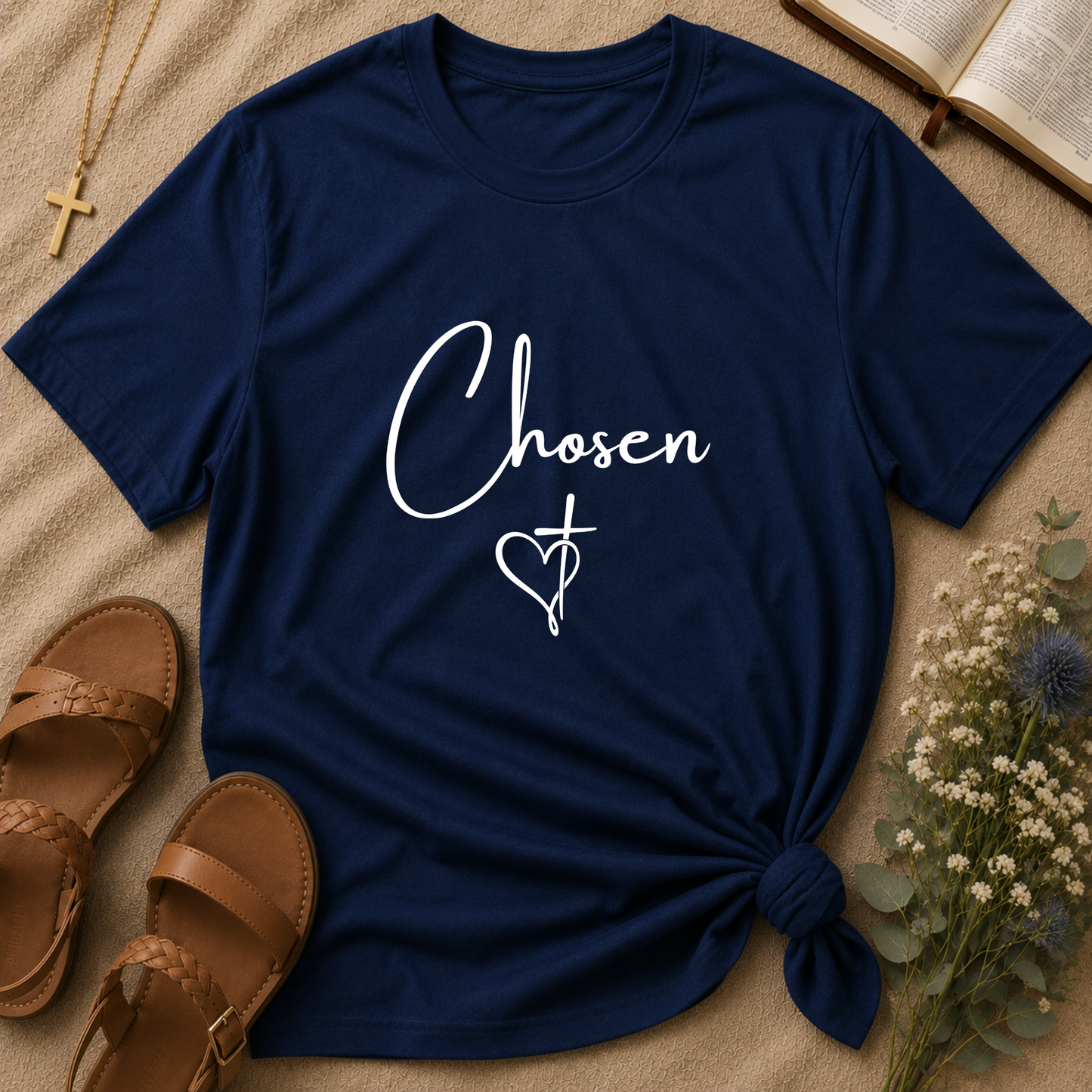 Chosen Christian T-Shirt | Minimalist Faith Script Graphic Tee | Cross Heart Jesus Christian Shirt Breaking Bread Designs