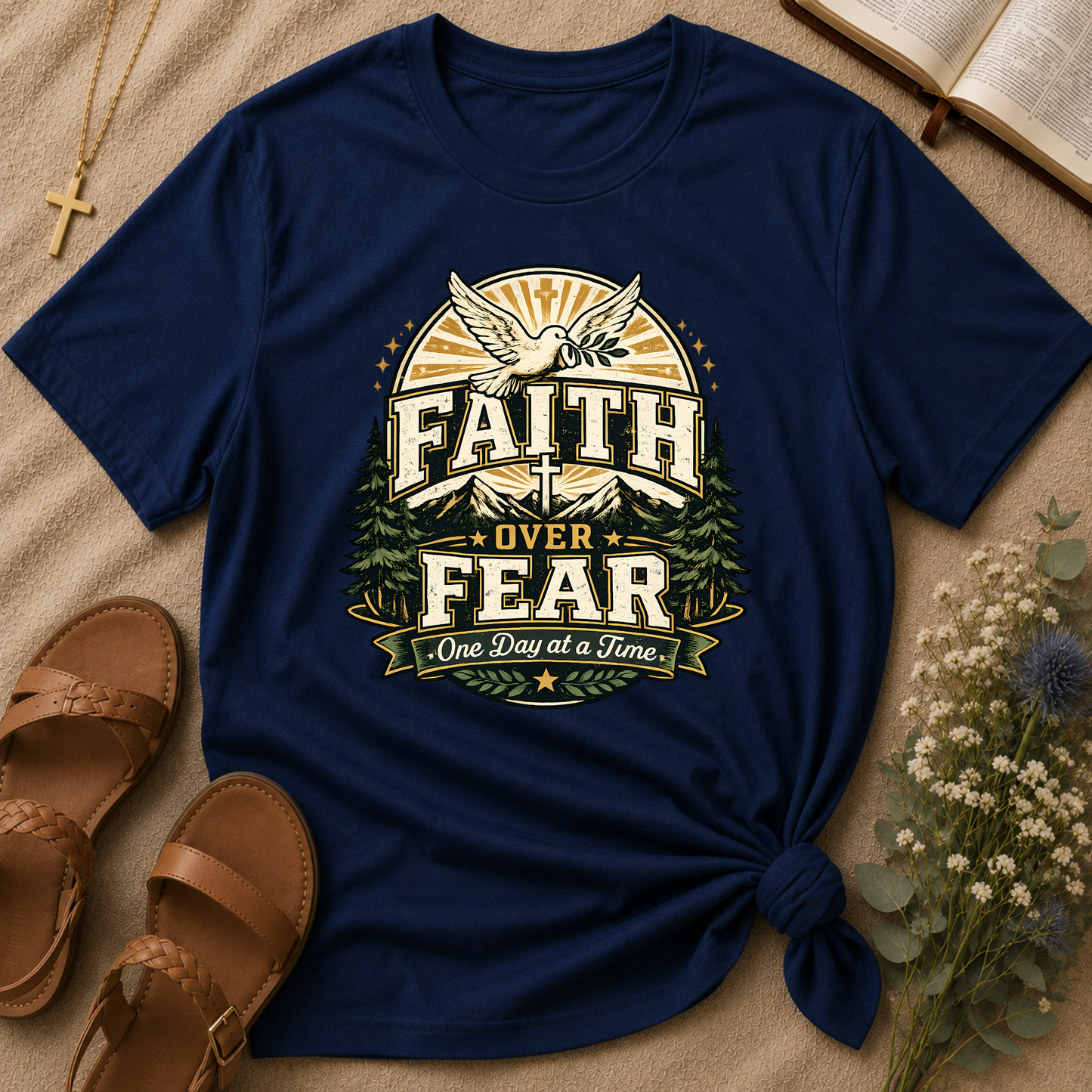 Faith Over Fear Christian T-Shirt | One Day at a Time Inspirational Faith Graphic Tee | Vintage Christian Apparel Breaking Bread Designs