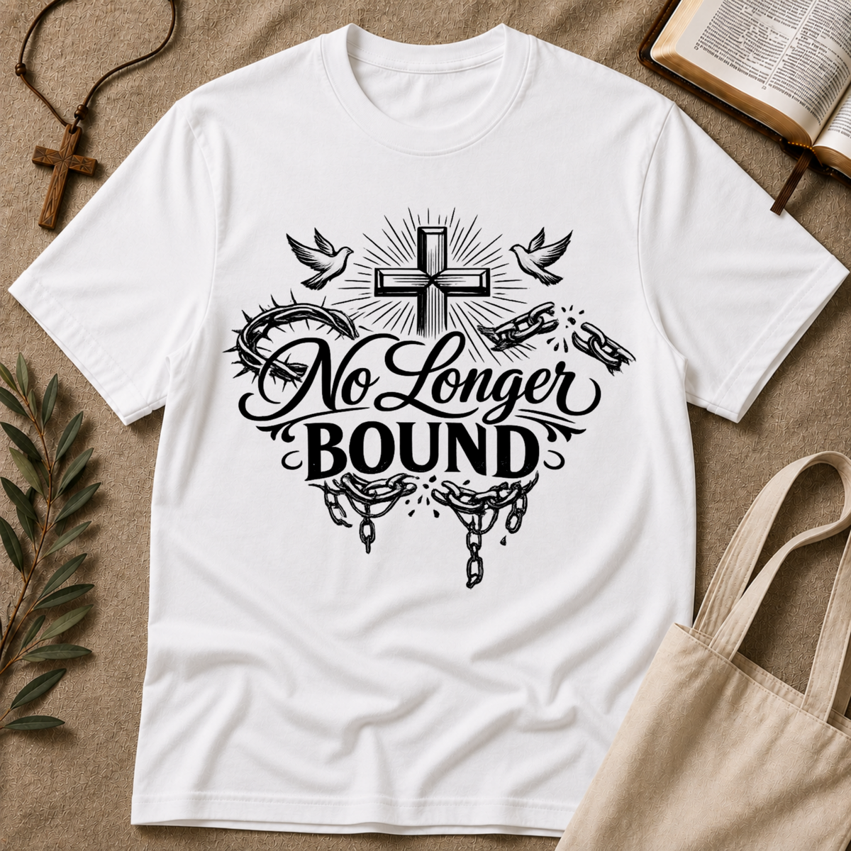 No Longer Bound Christian T-Shirt | Faith & Freedom Graphic Tee | Christian Streetwear Breaking Bread Designs