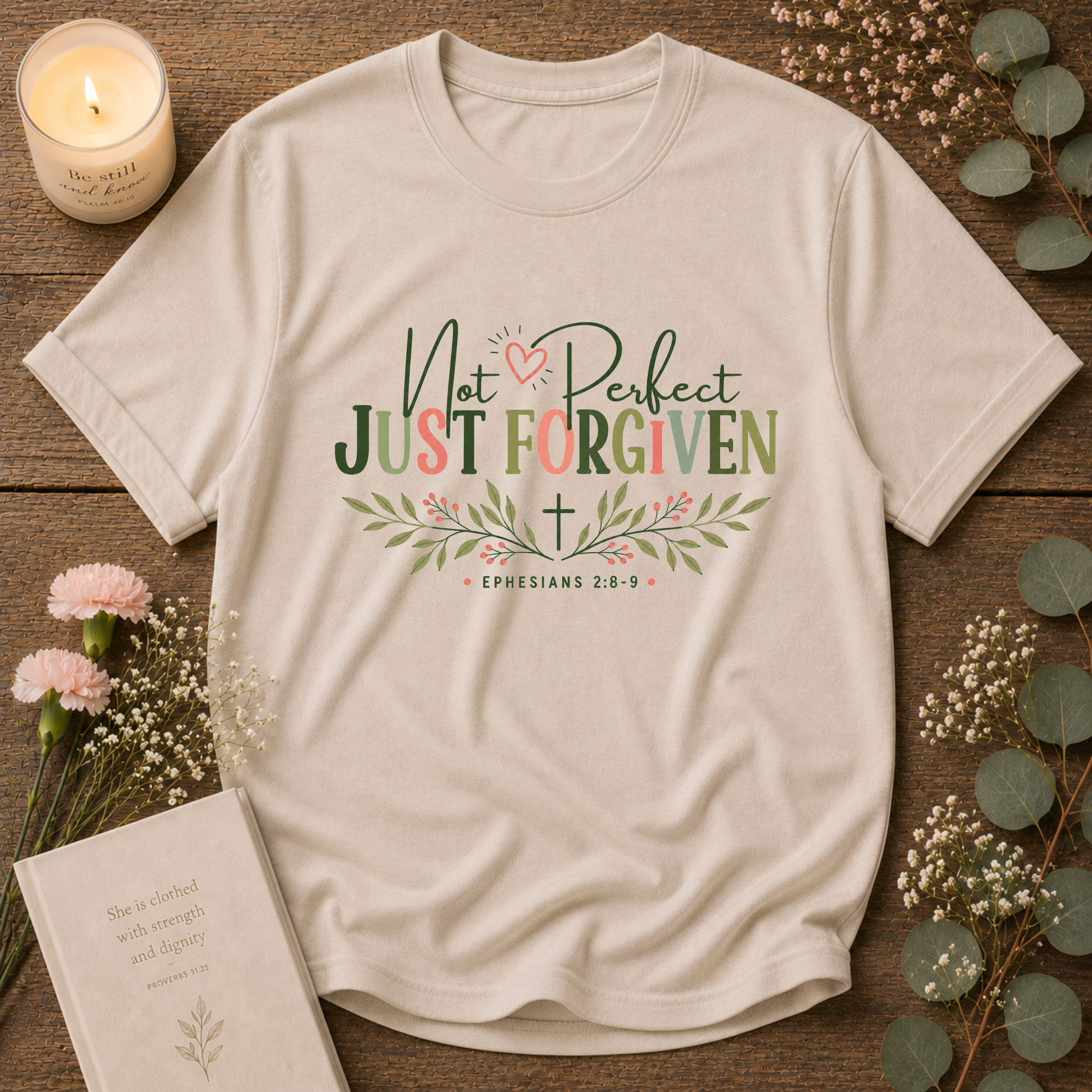 Sand Not Perfect Just Forgiven Christian T-shirt with Christian floral artwork celebrating God's grace and forgiveness.