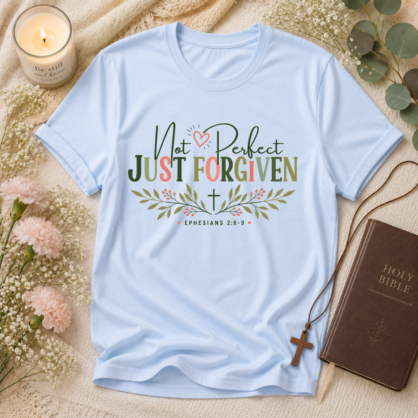 Light Blue Not Perfect Just Forgiven Christian T-shirt with graceful Christian design reminding believers of God's forgiveness.