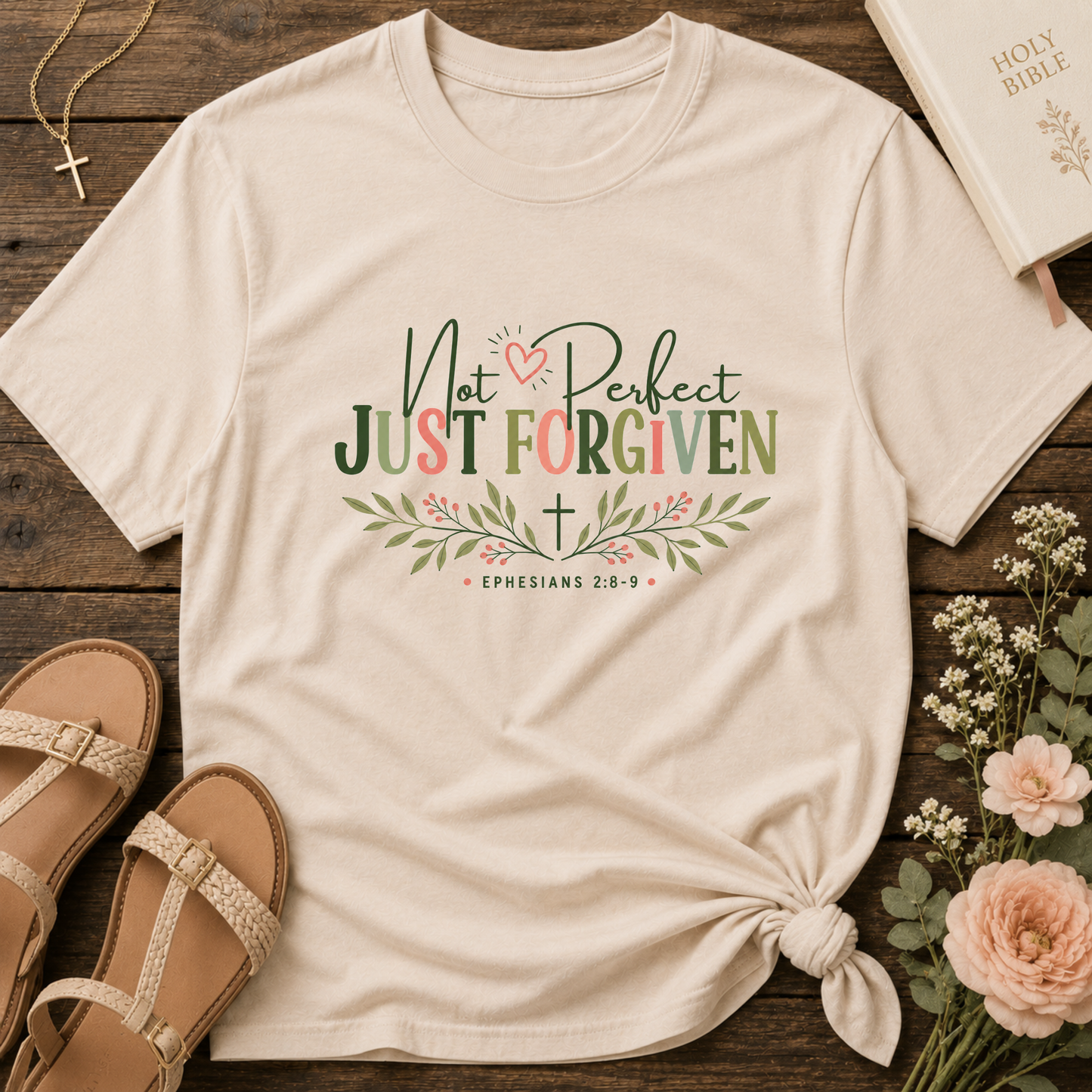 Natural Not Perfect Just Forgiven Christian T-shirt featuring elegant faith typography inspired by Ephesians 2:8-9.