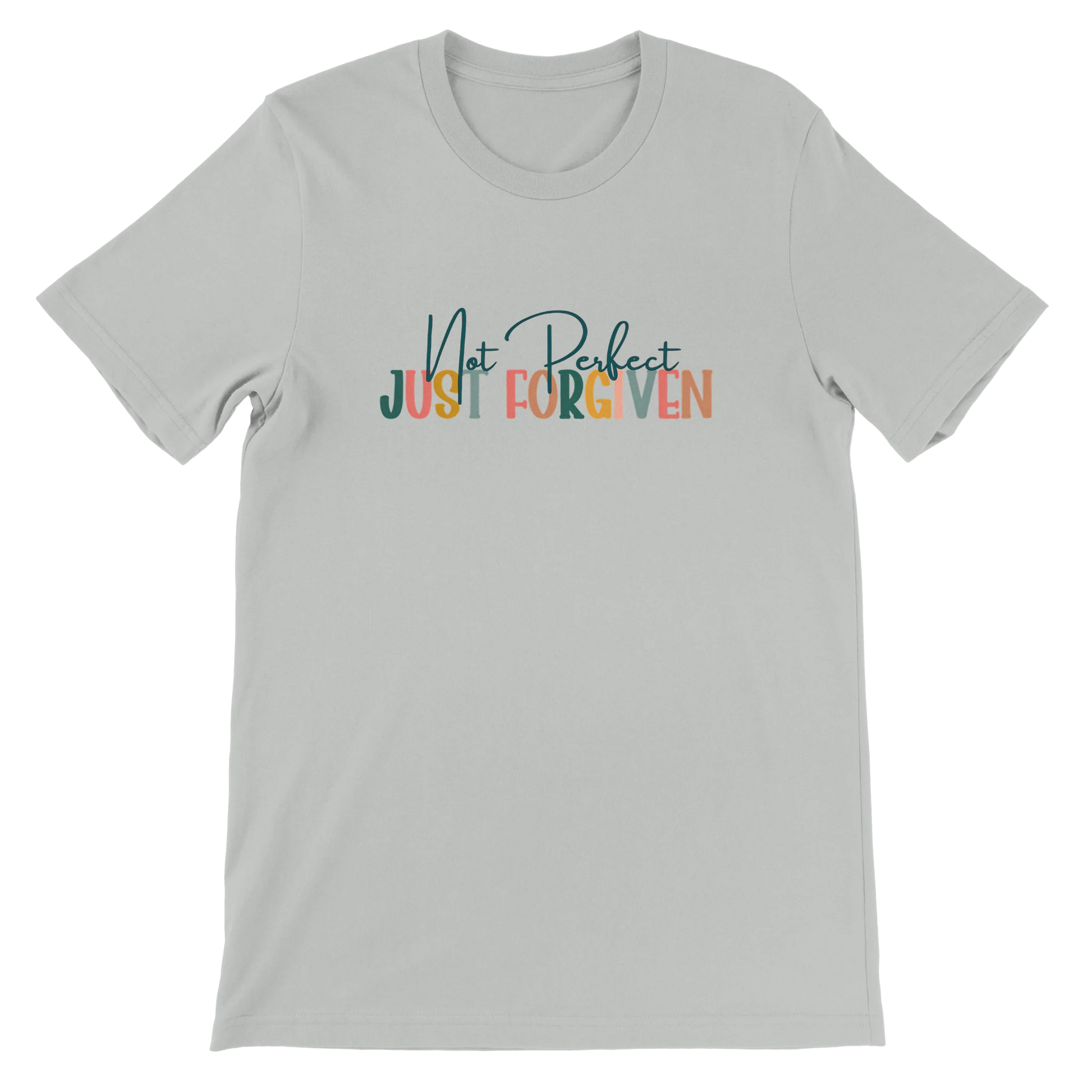 Gray t-shirt with 'Not Perfect Just Forgiven' text in colorful letters on a white background