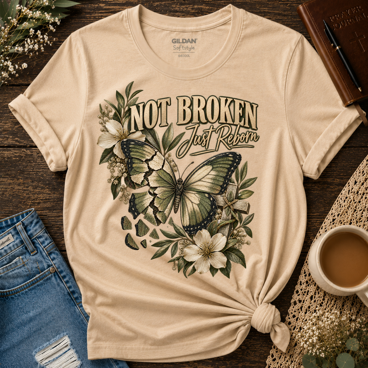Not Broken Just Reborn Christian T-Shirt | Faith & Healing Breaking Bread Designs
