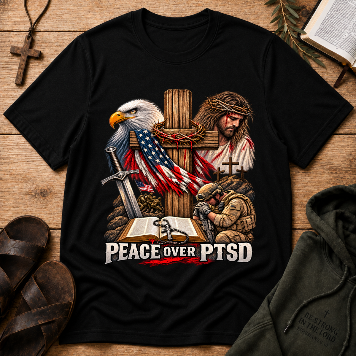 Peace Over PTSD Christian Veteran T-Shirt | Mental Health Isaiah 41:10 Christian Apparel Breaking Bread Designs