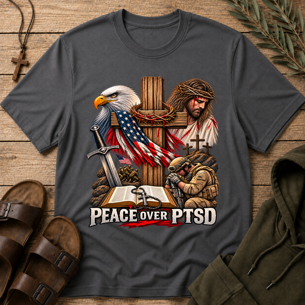 Peace Over PTSD Christian Veteran T-Shirt | Mental Health Isaiah 41:10 Christian Apparel Breaking Bread Designs
