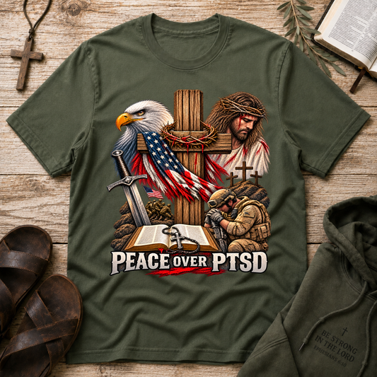 Peace Over PTSD Christian Veteran T-Shirt | Mental Health Isaiah 41:10 Christian Apparel Breaking Bread Designs