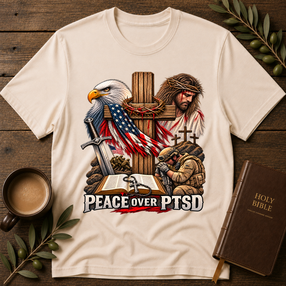 Peace Over PTSD Christian Veteran T-Shirt | Mental Health Isaiah 41:10 Christian Apparel Breaking Bread Designs