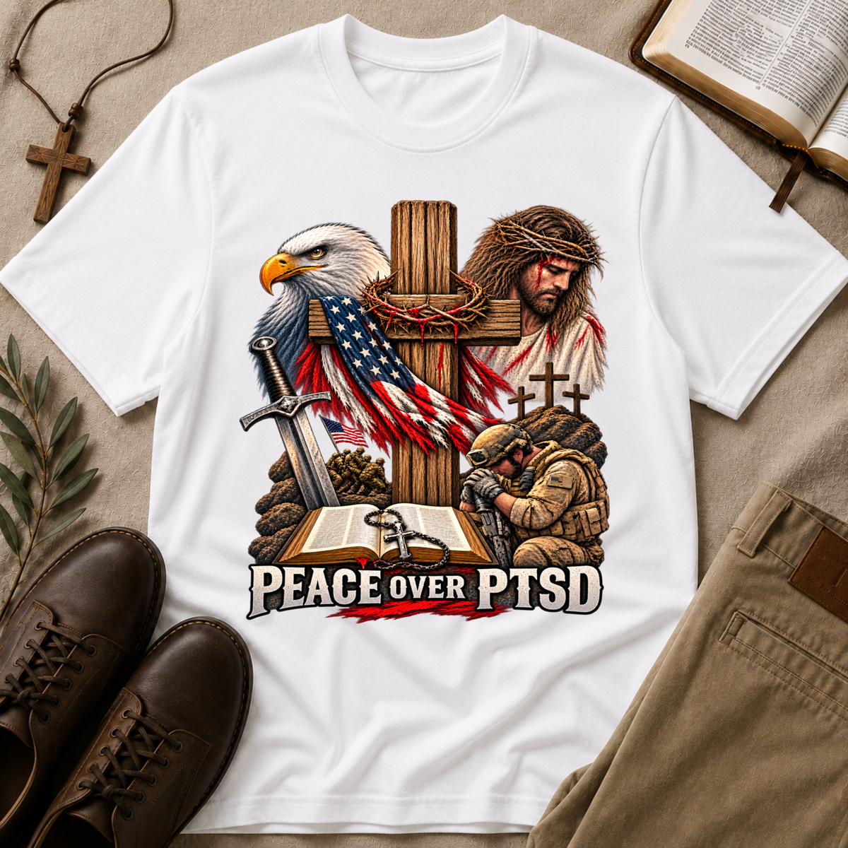 Peace Over PTSD Christian Veteran T-Shirt | Mental Health Isaiah 41:10 Christian Apparel Breaking Bread Designs