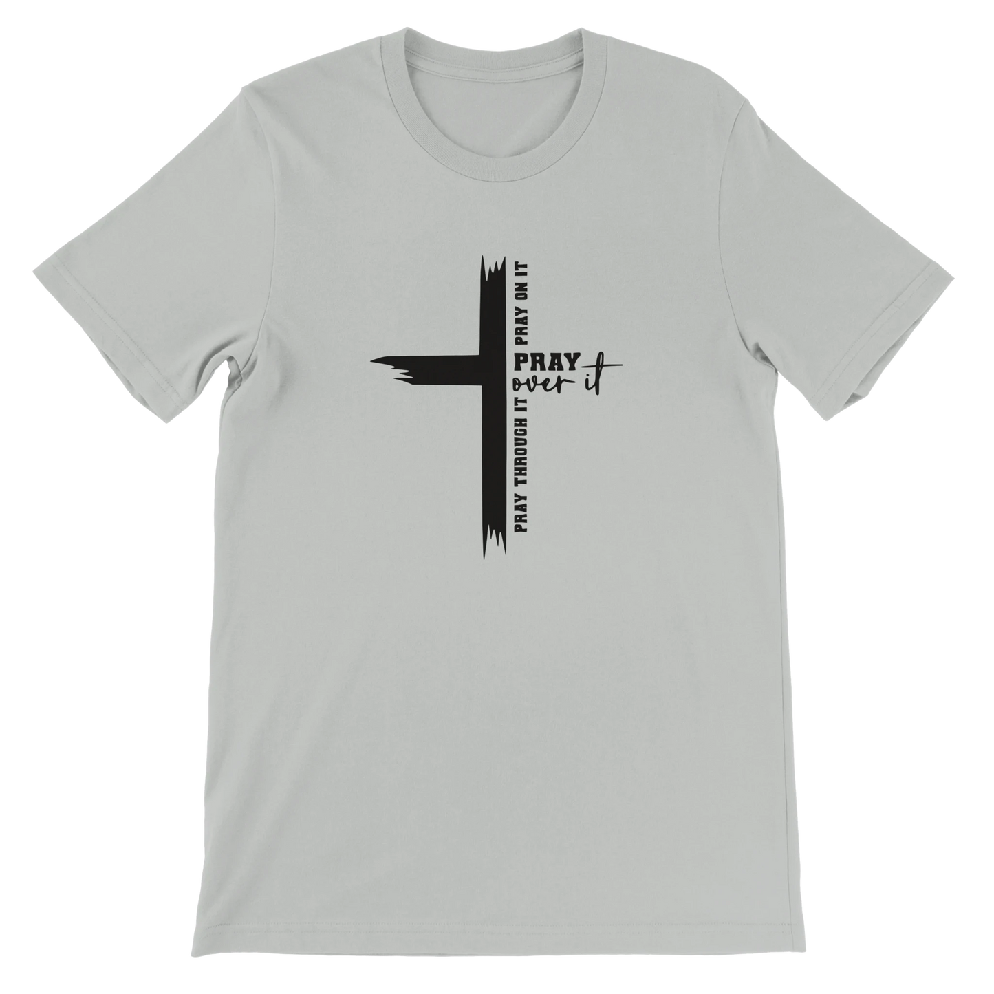 Gray t-shirt with a black cross design and text on a white background