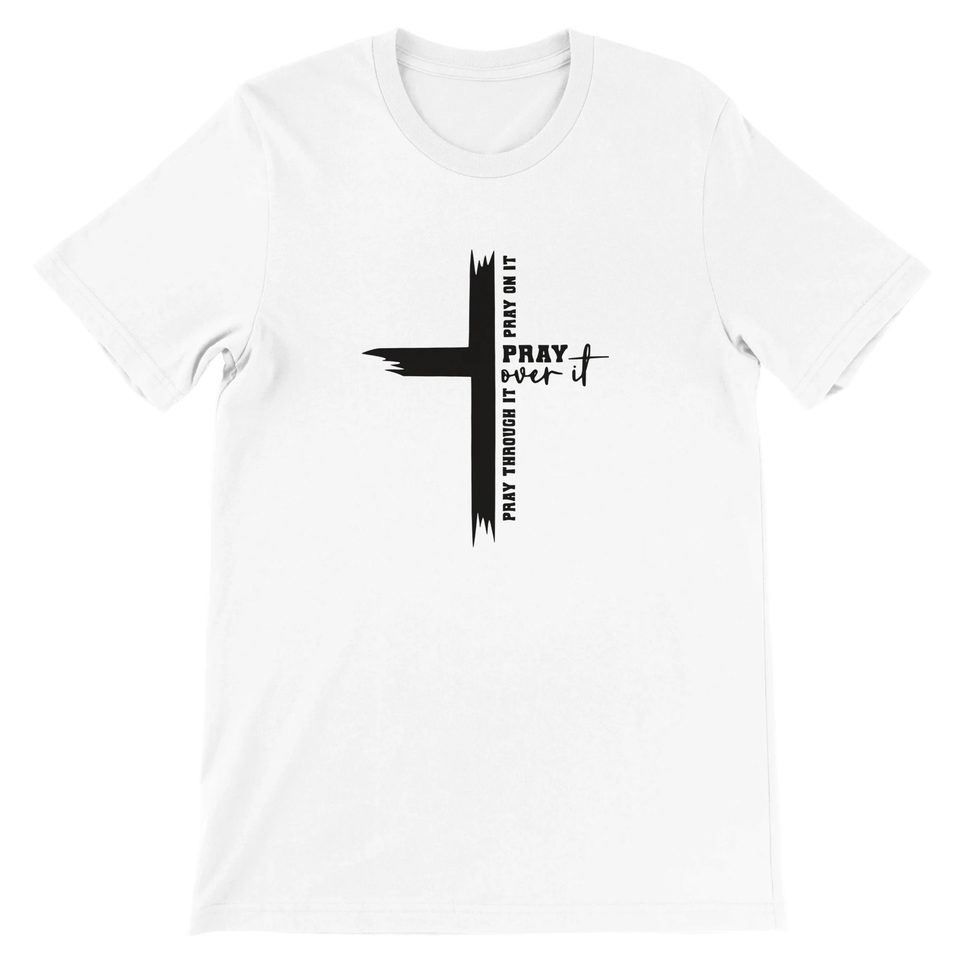 White t-shirt with a black cross design and text on a white background