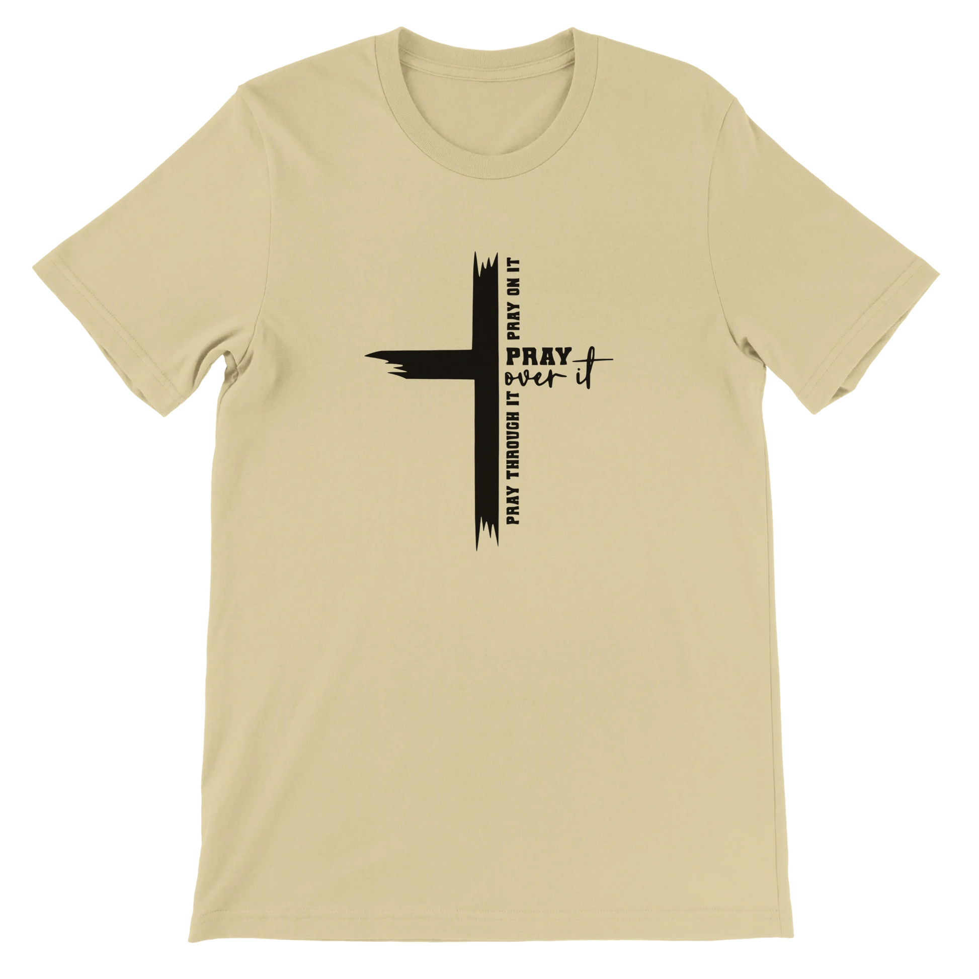 Beige t-shirt with a black cross design and text on a white background