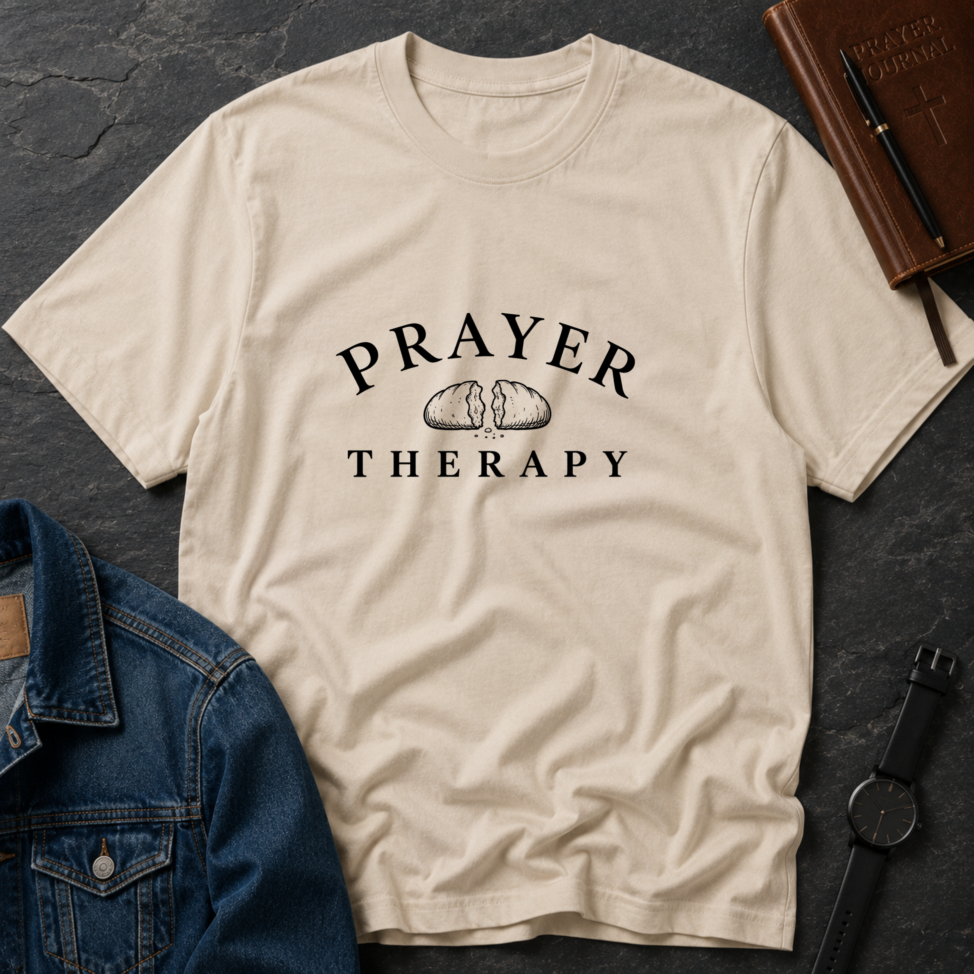 A cream-colored t-shirt with a black graphic reading 'PRAYER THERAPY' and an illustration of a broken loaf of bread, styled in a flat-lay arrangement with a denim jacket, a brown leather journal, and a black watch on a dark textured background.