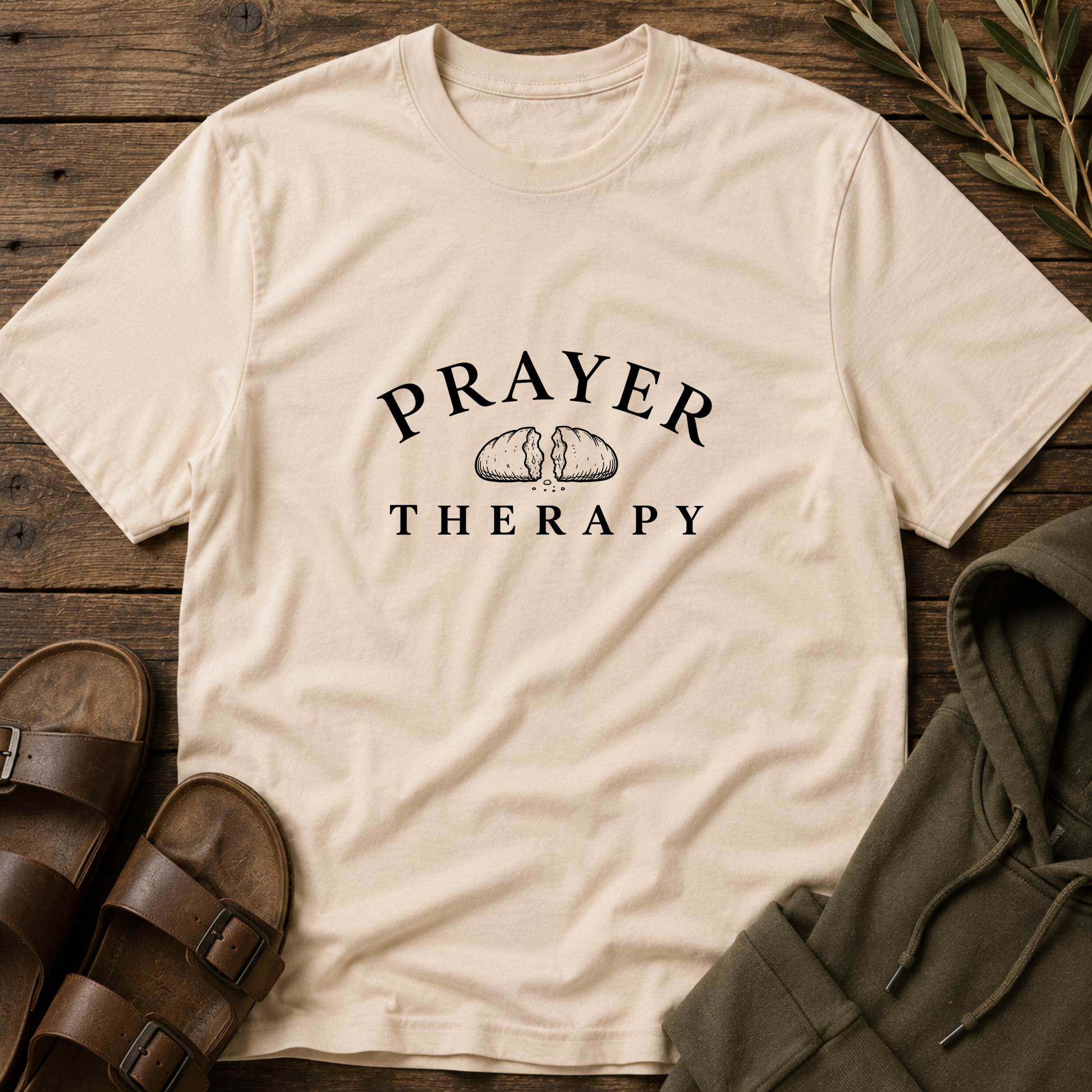 A cream-colored short-sleeve t-shirt with a black graphic reading 'PRAYER THERAPY' and a broken heart design, styled in a flat-lay on a rustic wooden background with brown sandals, an olive hoodie, and eucalyptus leaves.