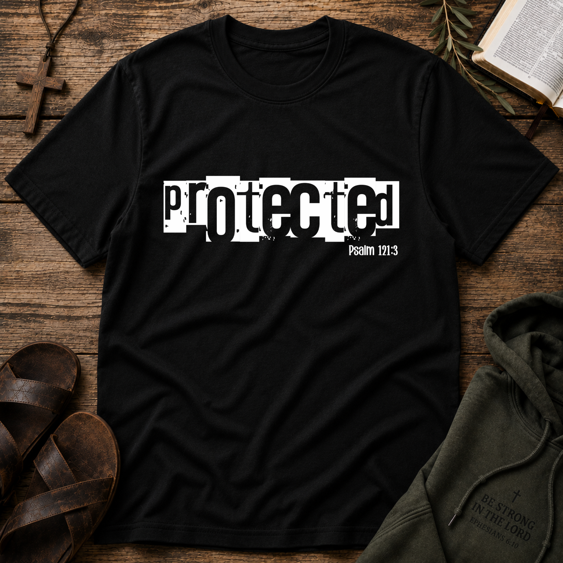 A black short-sleeve graphic T-shirt laid flat on a rustic wooden surface, with a distressed white 'protected' text print across the chest and smaller 'Psalm 119:3' text beneath it. Surrounding props include sandals, a cross, an open book, leaves, and an olive-green hoodie.