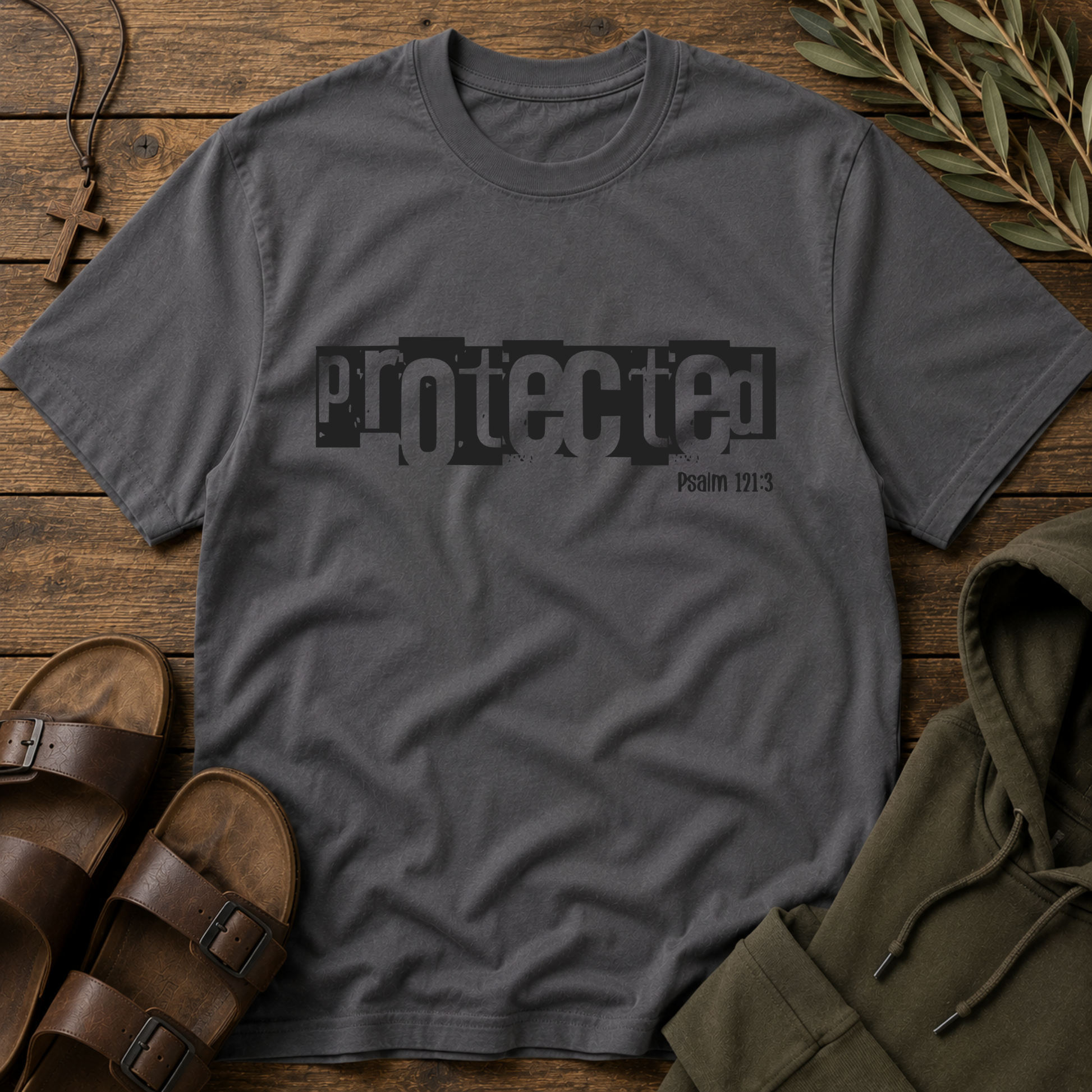 A dark gray crewneck t-shirt with a black graphic reading 'protected' and 'Psalm 171:3' underneath, styled in a flat lay on a rustic wooden background with sandals, a hoodie, and a cross necklace.