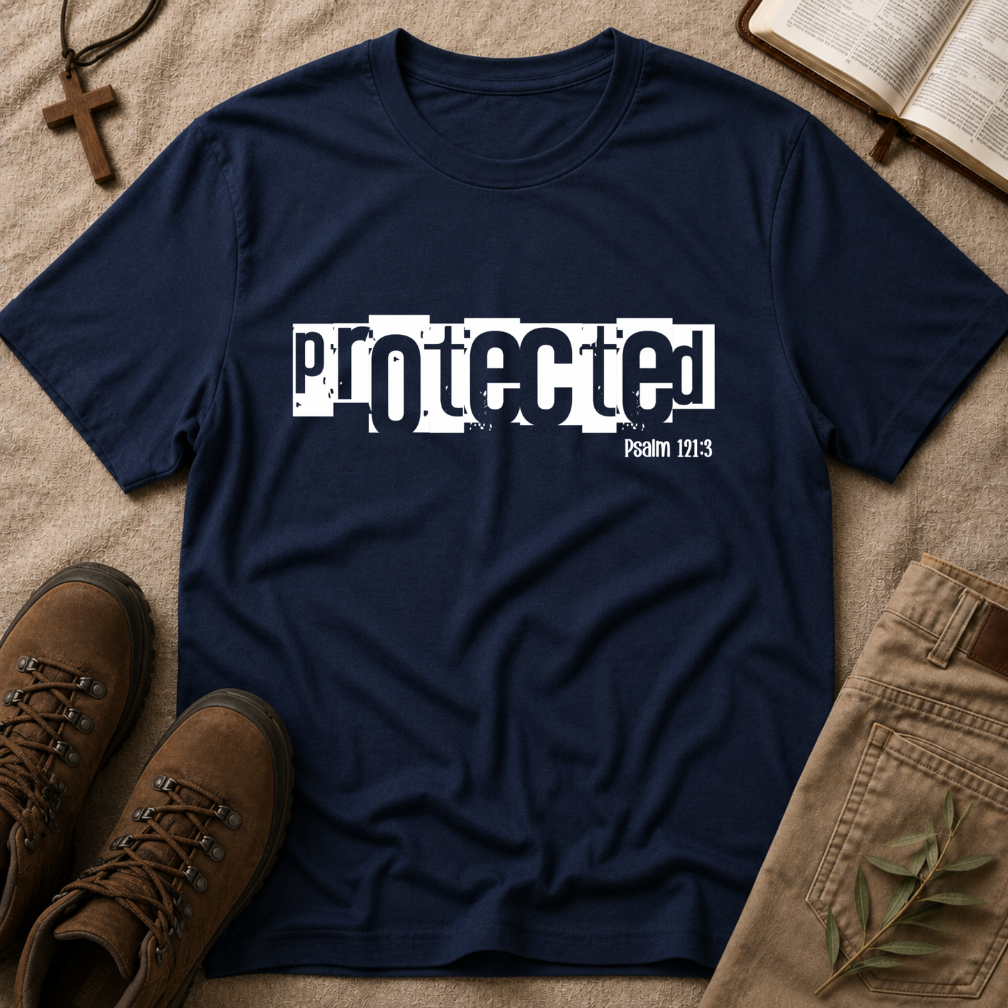 A navy blue graphic t-shirt with the word 'protected' in a distressed white typographic font and 'Psalm 119:3' printed below it. The t-shirt is presented in a styled flat-lay arrangement on a textured beige fabric background, surrounded by brown hiking boots, khaki pants, a wooden cross necklace, and an open book.