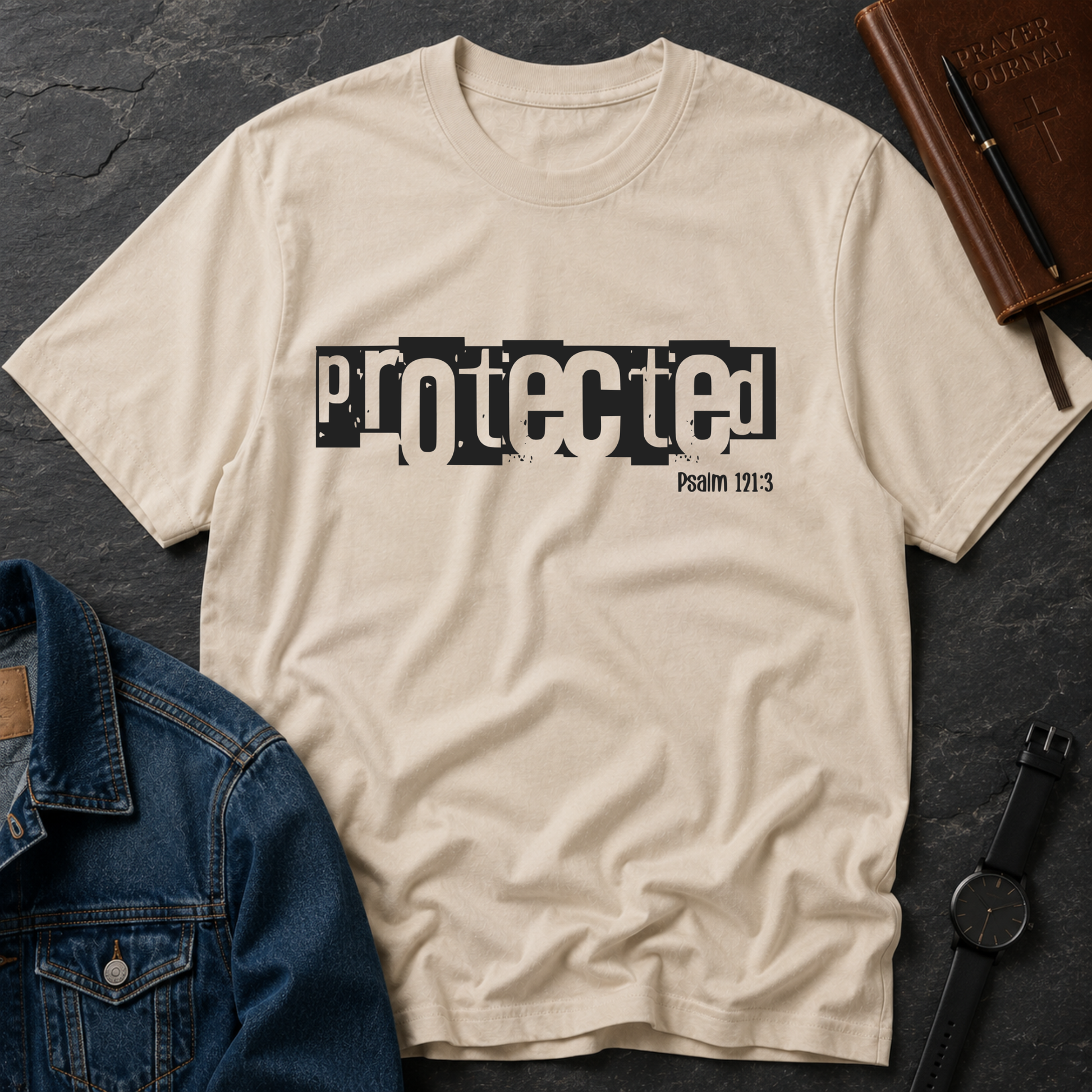 A beige short-sleeve t-shirt with a black graphic print reading 'protected Psalm 171:3' laid flat on a dark textured surface, styled with a denim jacket, brown leather notebook, pen, and black watch.