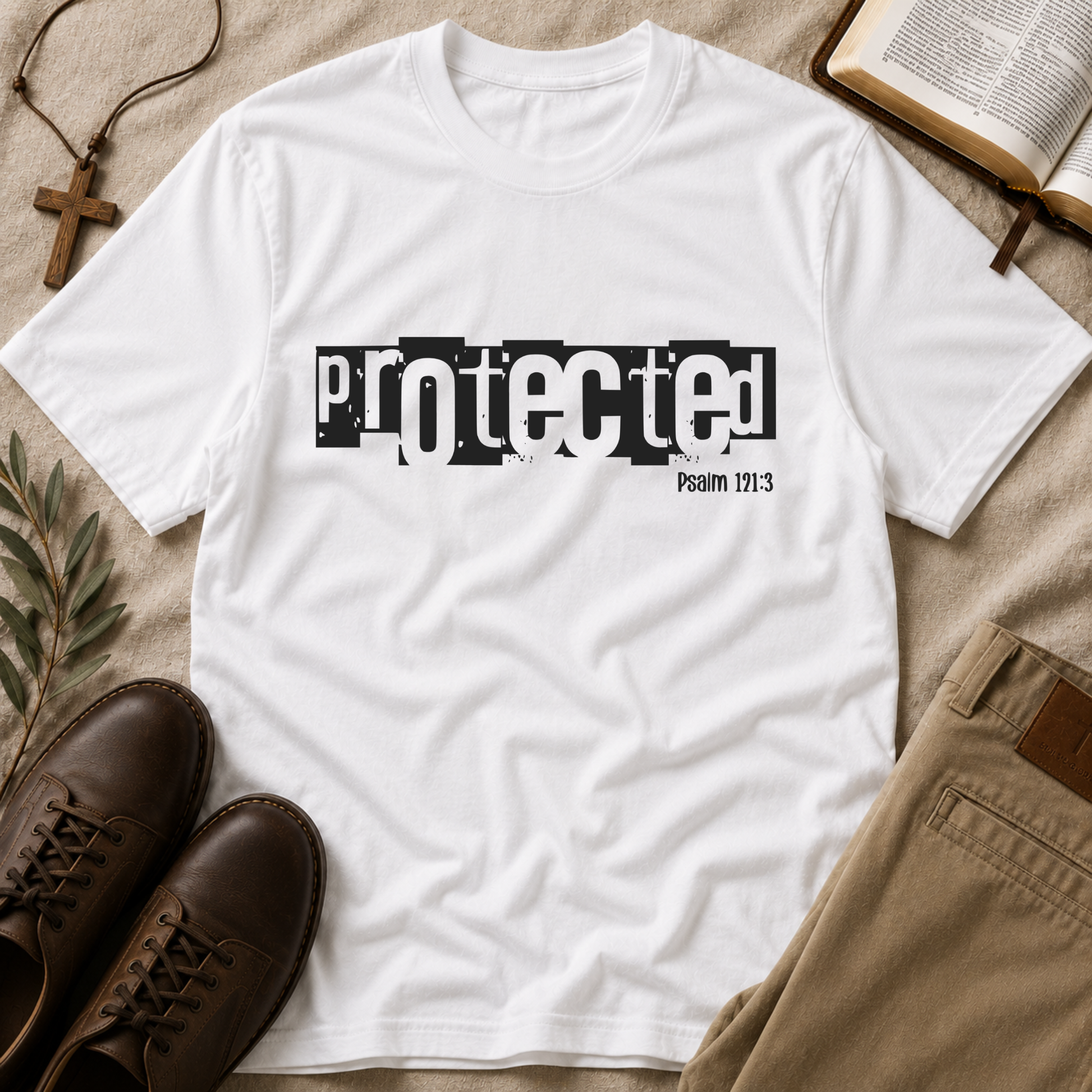 A white short-sleeve T-shirt laid flat on a beige fabric surface, featuring a black distressed graphic that reads 'protected' with 'Psalm 171:3' underneath. Surrounding props include brown leather shoes, khaki pants, an open book, a cross necklace, and a small leaf sprig.