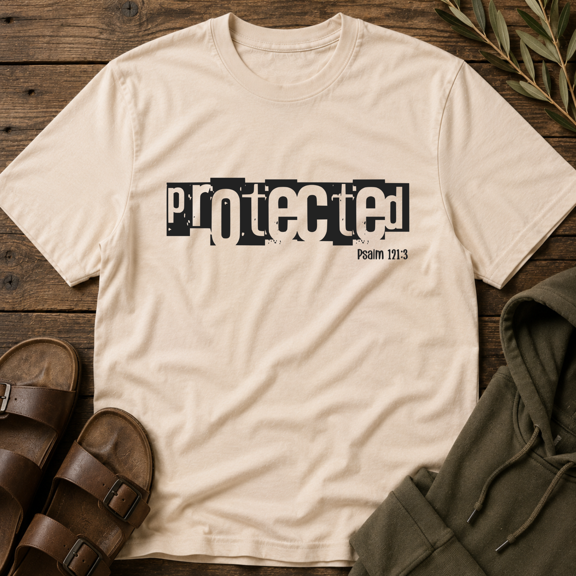 A cream-colored short-sleeve t-shirt with a black graphic print reading 'protected Psalm 171:3' laid flat on a rustic wooden surface, styled with brown sandals, an olive green hoodie, and dried leaves.