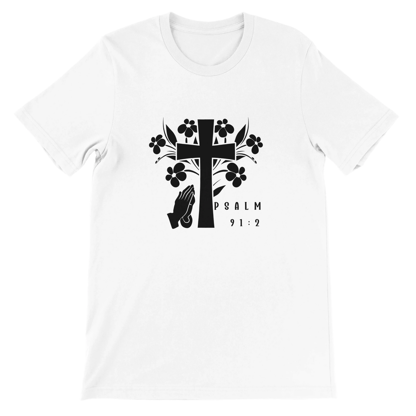White t-shirt with black cross and praying hands design on a white background