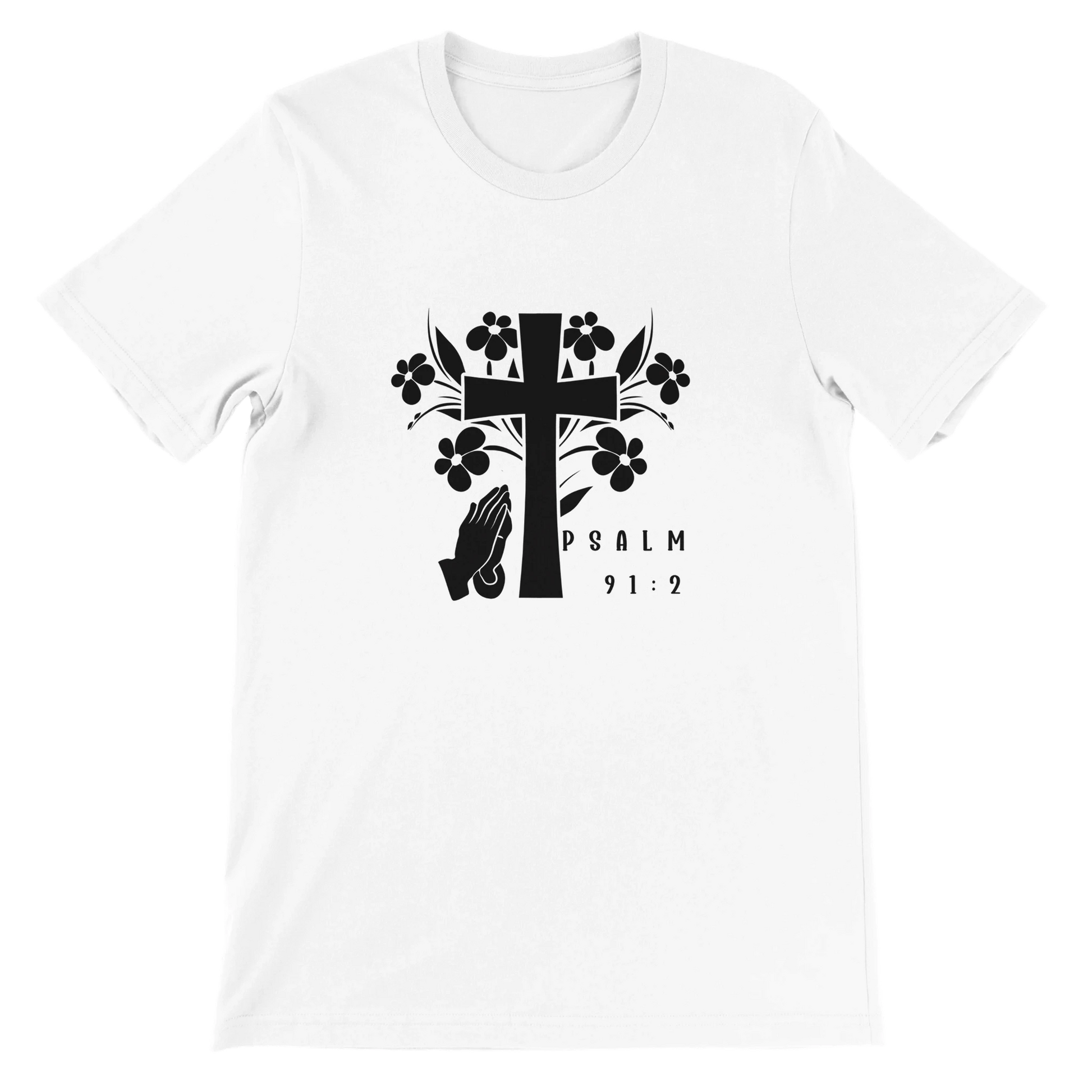 White t-shirt with black cross and praying hands design on a white background