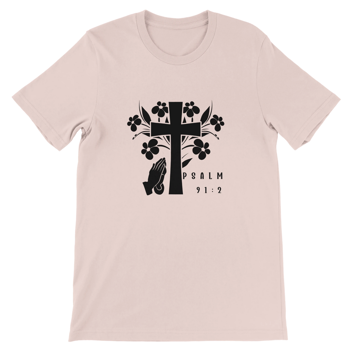 Light pink t-shirt with black cross and floral design on a white background