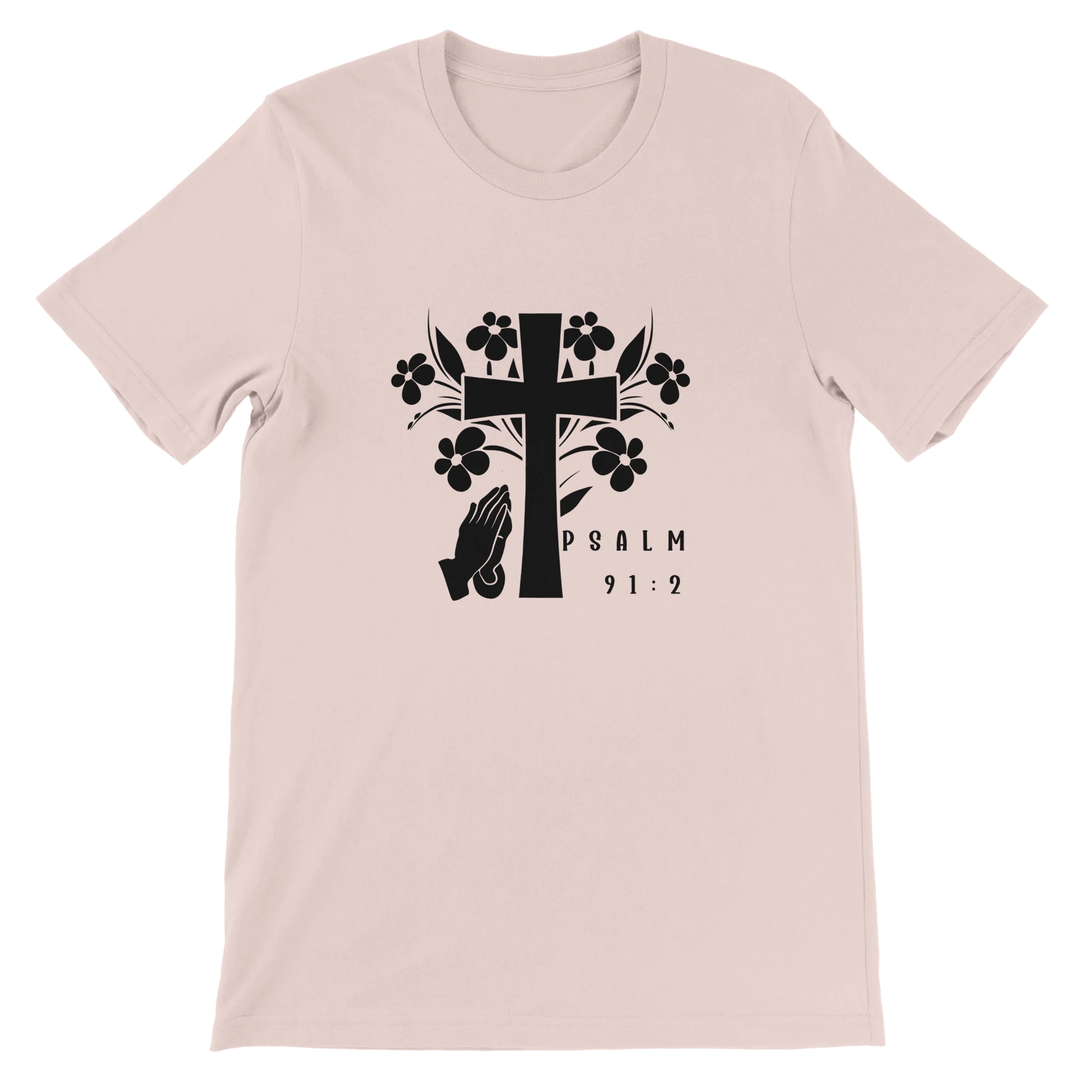 Light pink t-shirt with black cross and floral design on a white background