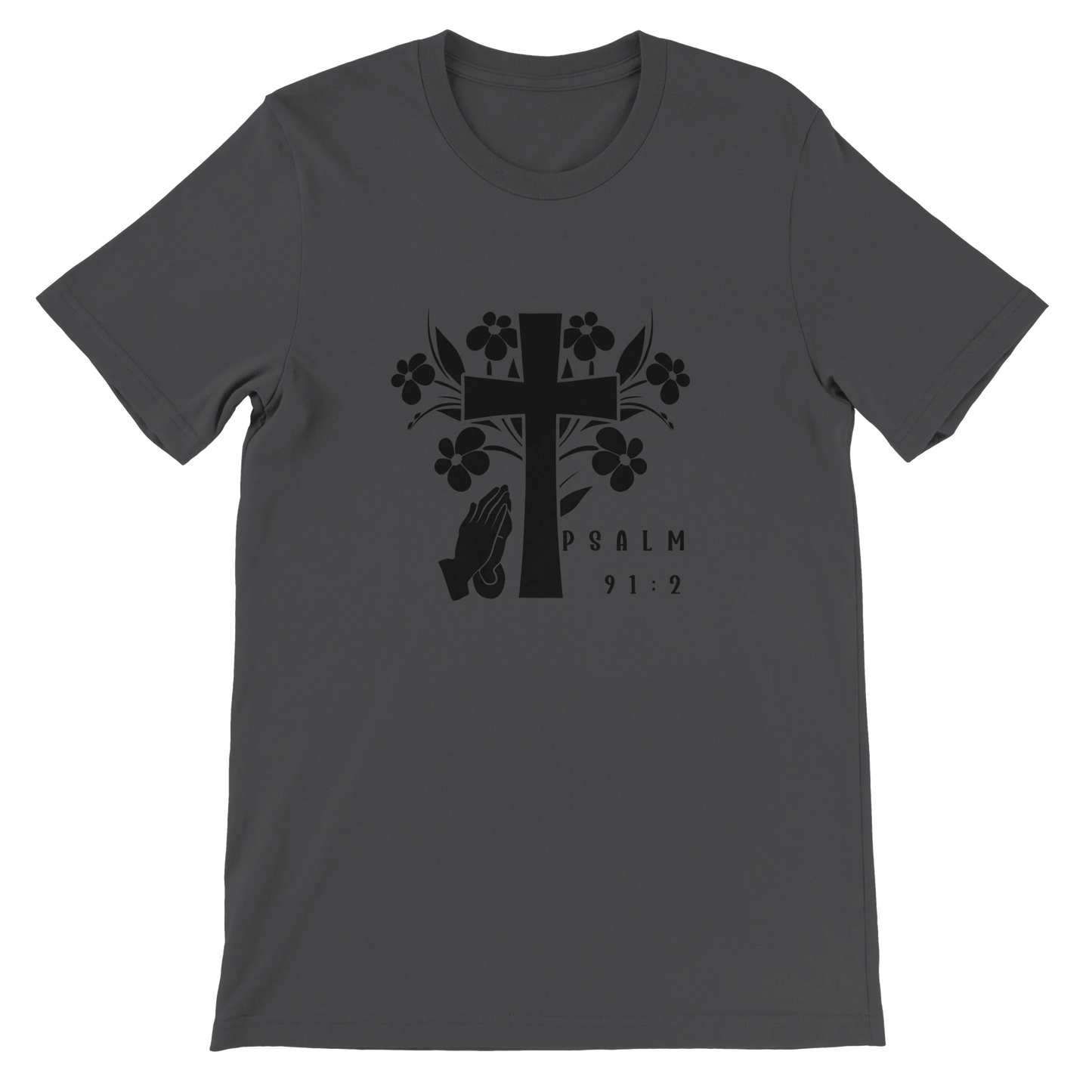 Gray t-shirt with black cross and floral design on a white background