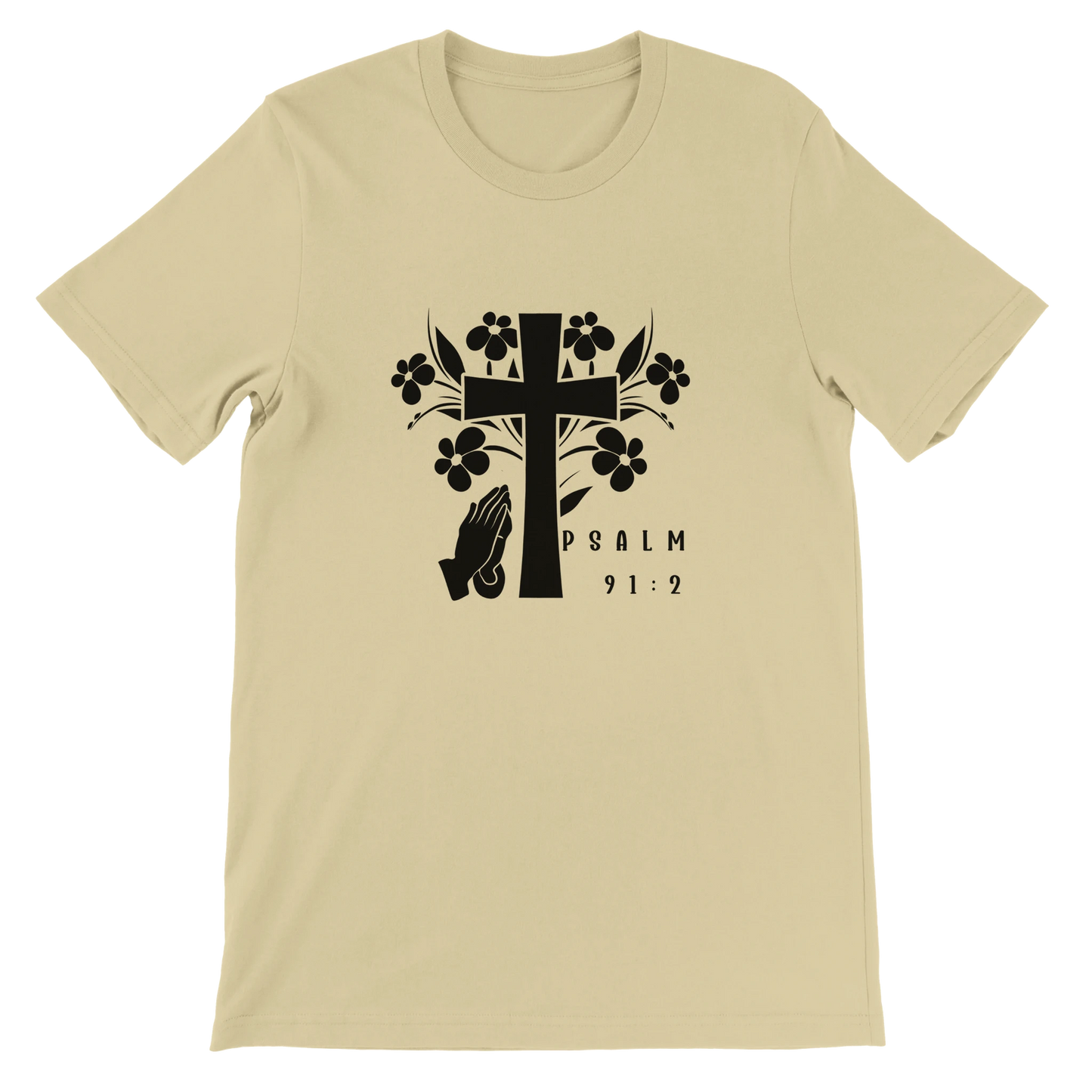 Beige t-shirt with black cross and floral design on a white background